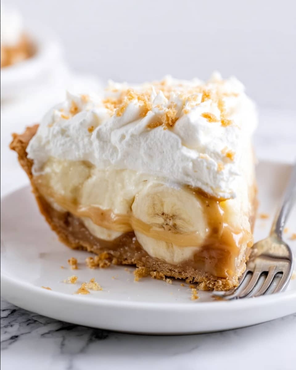 A close-up of a slice of pie on a white plate with a white marbled surface underneath. The pie has three clear layers: the bottom layer is a crumbly, light brown crust; the middle layer is a thick, creamy caramel color with some banana slices visible inside, looking soft and smooth; the top layer is white whipped cream with a fluffy, airy texture sprinkled with small crushed light brown crumbs. A silver fork is placed next to the pie slice on the plate. Photo taken with an iphone --ar 4:5 --v 7