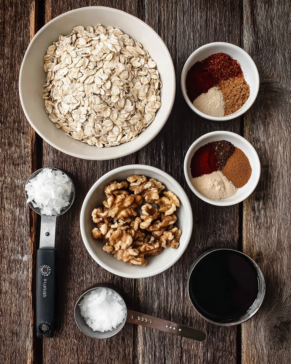 There are six white bowls and measuring spoons arranged on a dark brown wooden surface. One large bowl at the top is filled with light beige rolled oats with a rough texture. Below it, a medium bowl holds a heap of light to medium brown shelled walnuts with a jagged texture. To the right of the walnuts, a smaller bowl contains four segments of spices in shades of light beige, reddish-brown, dark brown, and light brown. On the far right, a small bowl is filled with dark brown liquid, while below that, a silver measuring spoon with black handle holds a black liquid. At the bottom left, a silver measuring spoon with a black handle holds solid white coconut oil. The overall setup shows raw ingredients neatly displayed on a rustic surface. Photo taken with an iphone --ar 4:5 --v 7