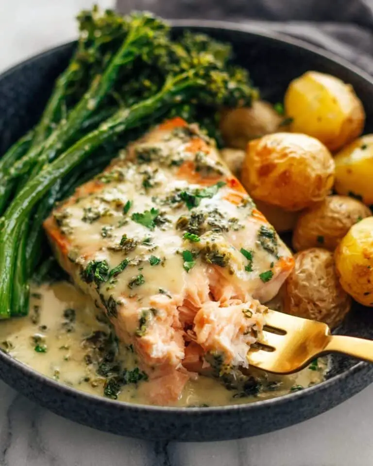 Baked Salmon with Lemon Herb Sauce and Roasted Vegetables Recipe