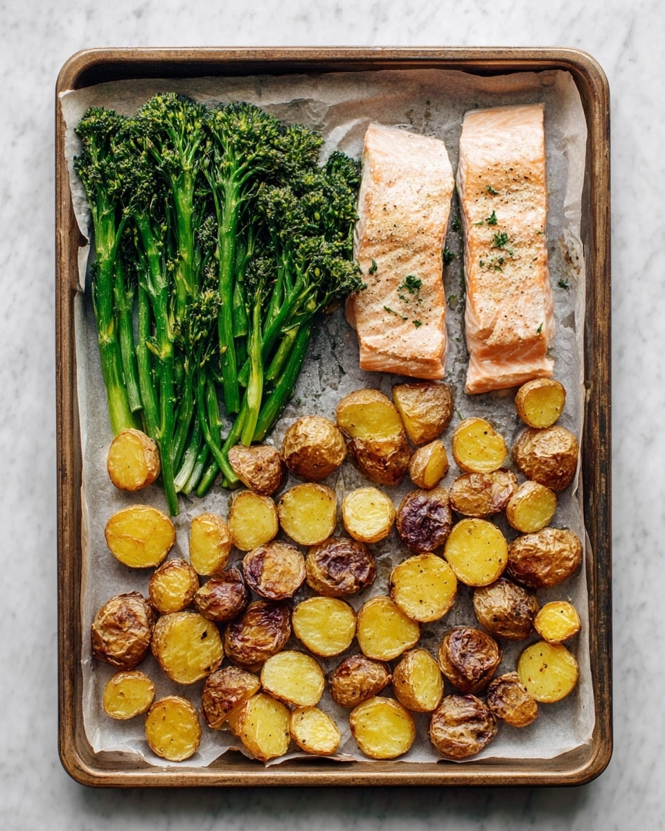 A baking tray lined with parchment paper holds a simple meal with three main parts. On the left side, there are bright green broccolini with a slightly roasted look and textured tops, arranged in a small bunch. To the right of the broccolini, two pieces of cooked salmon lie side by side; they are light pink with a slightly crispy, seasoned surface. Along the bottom of the tray, there are many small, halved roasted potatoes with golden-brown crispy edges and soft yellow interiors, spread out evenly. The tray sits on a white marbled surface. photo taken with an iphone --ar 4:5 --v 7