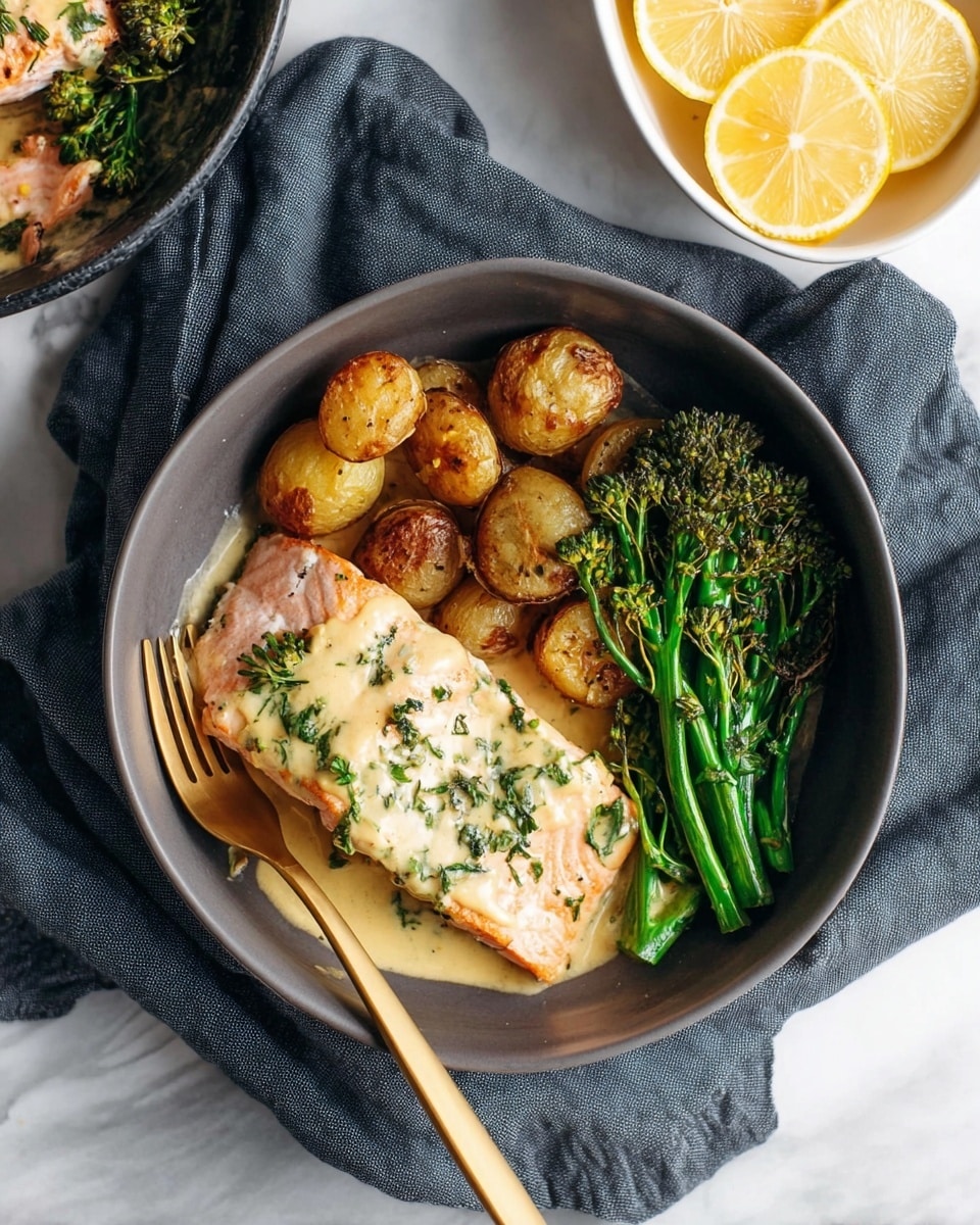 A dark gray bowl holds a meal with three parts: on the left, a piece of cooked pink fish covered with a creamy light yellow sauce sprinkled with green herbs, in the middle, golden brown roasted baby potatoes, and on the right, bright green broccolini with a bit of a roasted look. A gold and white fork rests on the bowl's edge, and the bowl sits on a crumpled dark gray cloth on a white marbled surface. At the top right, a white bowl contains three lemon wedges, and part of another bowl with pink fish and broccolini is visible on the top left. Photo taken with an iphone --ar 4:5 --v 7