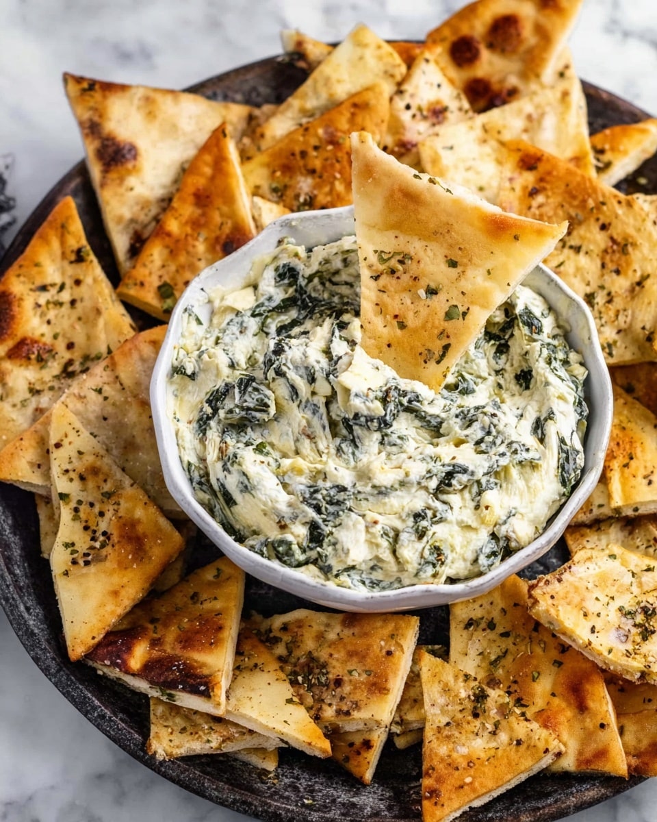 A white bowl full of creamy spinach artichoke dip sits in the middle of a round dark tray filled with golden-brown pita chips. The chips are triangular with some toasted spots and sprinkled with black pepper and herbs. One pita chip is dipped inside the thick, white and green dip with visible spinach leaves and artichoke pieces. The tray is set on a white marbled surface. photo taken with an iphone --ar 4:5 --v 7