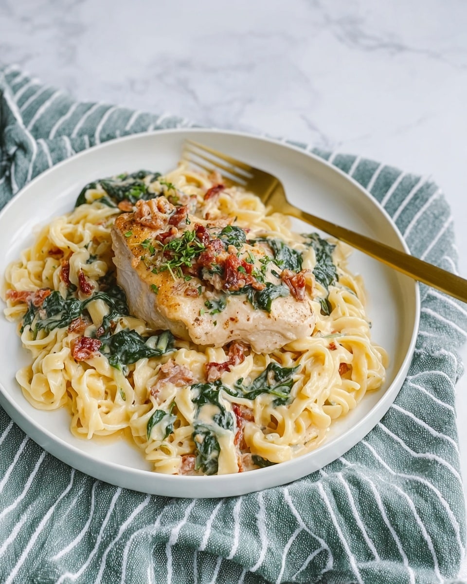 A white plate is filled with a creamy pasta dish made of twisted, light yellow noodles mixed with small pieces of dark green spinach and bits of reddish sun-dried tomatoes, all coated in a rich, creamy sauce. On top of the pasta sits a single piece of cooked light brown chicken with some herbs and small bits of spinach over it. A golden fork rests behind the chicken near the edge of the plate. The plate is placed on a green and white striped cloth on a white marbled surface. Photo taken with an iphone --ar 4:5 --v 7