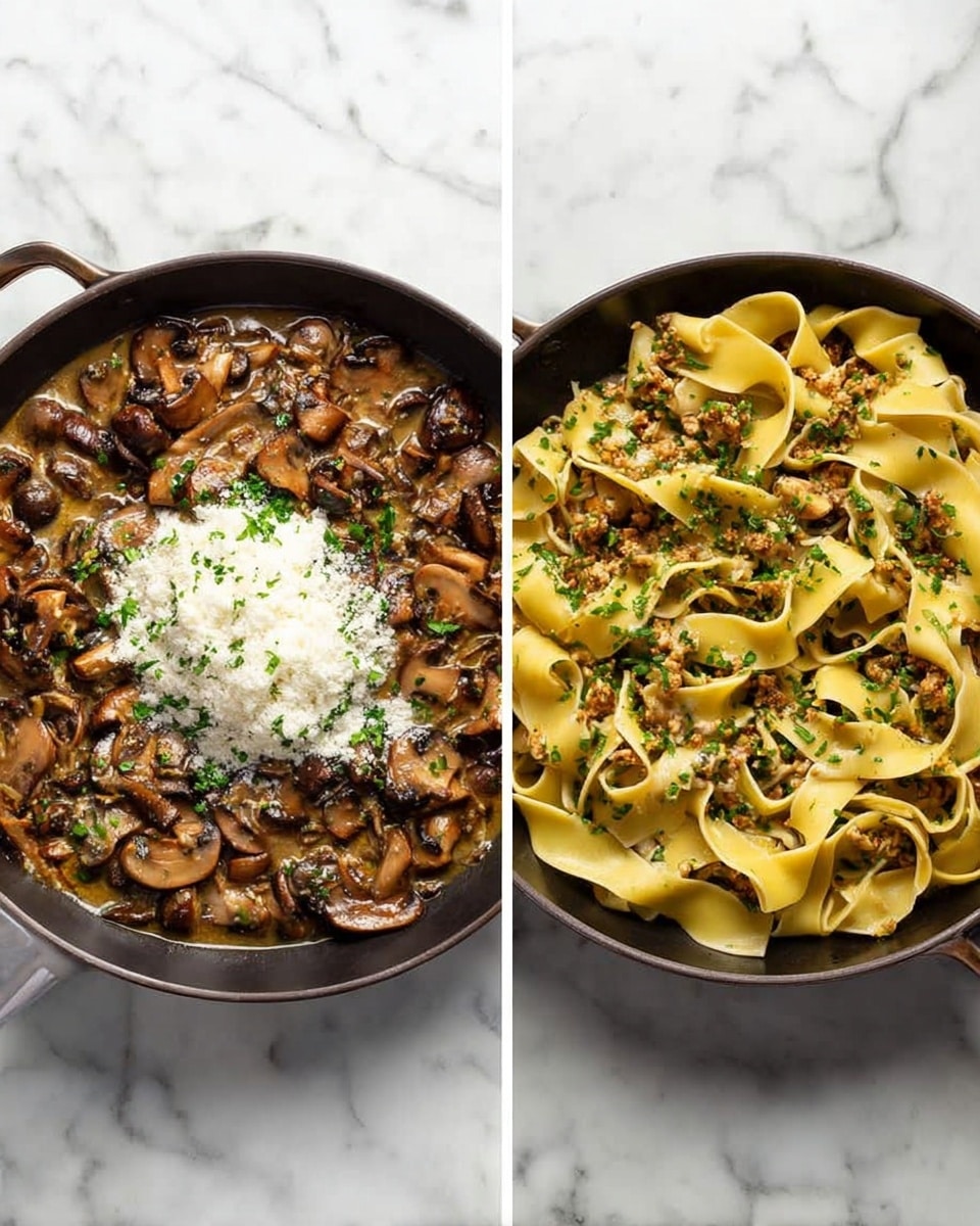 The image shows two views of a dark pan on a white marbled surface. On the left, the pan is filled with cooked brown mushrooms and a thick sauce that looks creamy, topped with a mound of finely grated white cheese and sprinkled with small green herbs. On the right, the same pan holds wide and flat light yellow pasta ribbons mixed with the mushroom sauce, scattered with chopped green herbs, with the sauce coating the pasta and mushrooms evenly. photo taken with an iphone --ar 4:5 --v 7