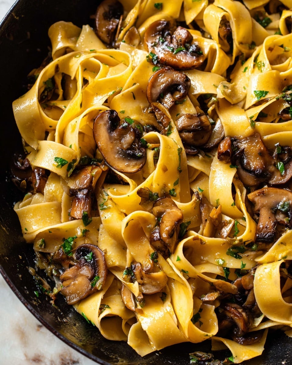 A close-up of a black pan filled with wide, flat ribbons of yellow pasta mixed with browned, sliced mushrooms. The pasta looks soft and glossy, with some pieces curling over one another, while the mushrooms have a shiny, cooked texture with hints of brown and darker edges. Small bits of green herbs are scattered throughout, adding a fresh contrast. The background shows a white marbled texture. photo taken with an iphone --ar 4:5 --v 7