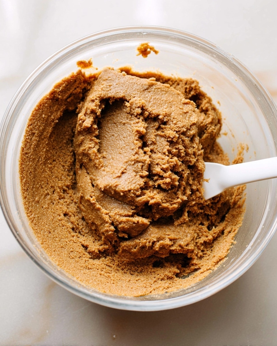 A close-up of thick, brown cookie dough with a rough, slightly grainy texture in a clear glass bowl. The dough fills most of the bowl, with a scoop taken out in the center showing the dense inside. A white spatula is partially visible at the bottom right, resting in the dough. The bowl is placed on a white marbled surface. photo taken with an iphone --ar 4:5 --v 7