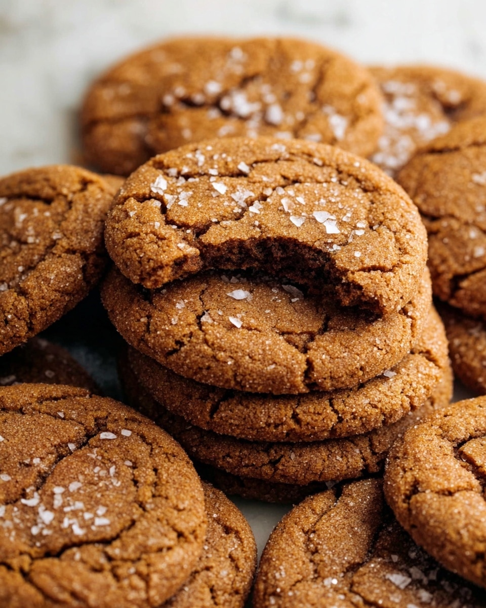 A close-up of many chewy brown cookies stacked on top of each other, with one cookie in the center showing a bite taken out of it. The cookies have a rough texture with cracks on top and are sprinkled with small grains of white salt, giving a slight shine. The background is a white marbled surface that contrasts softly with the warm brown color of the cookies. photo taken with an iphone --ar 4:5 --v 7