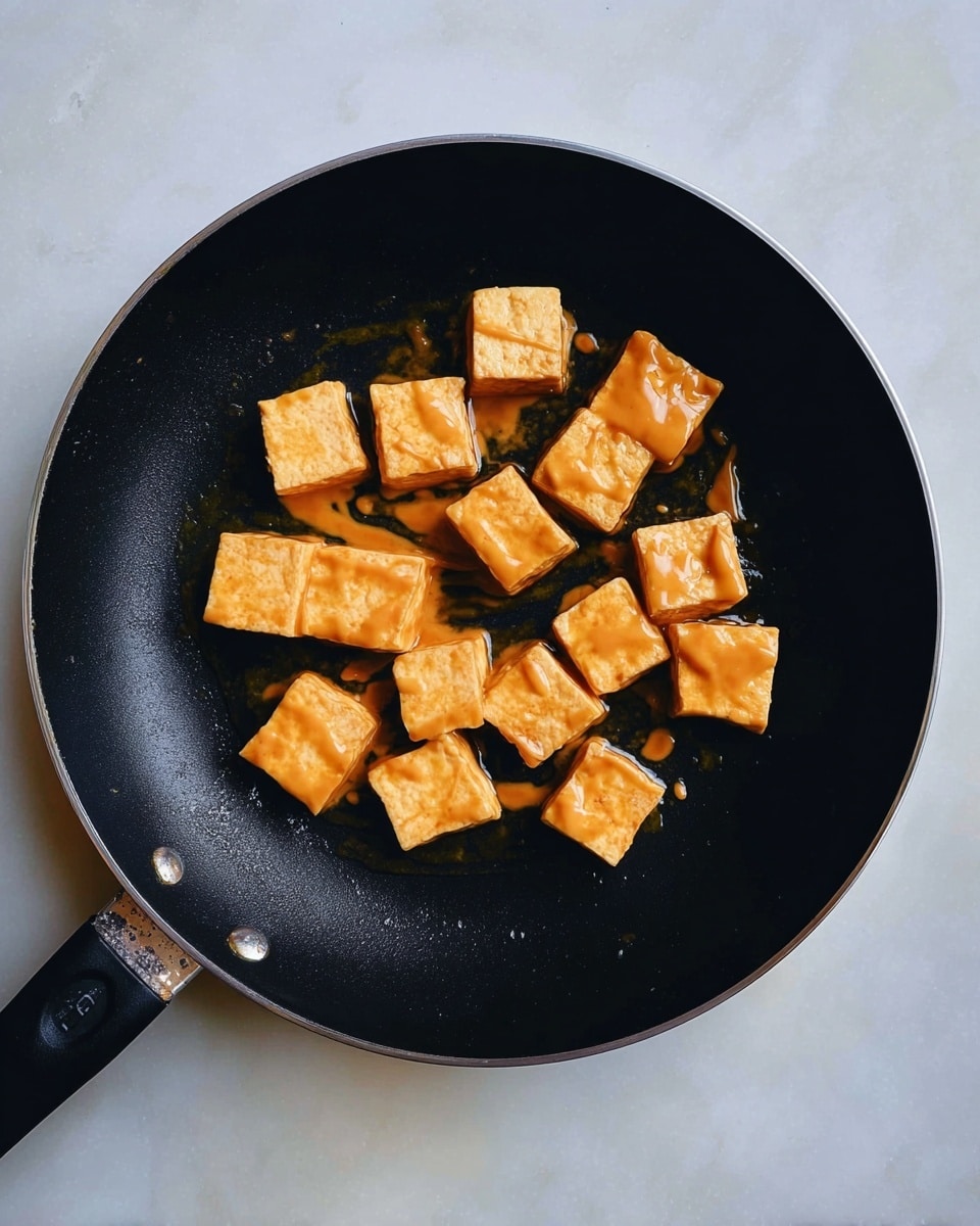 Inside a black pan, there are about fifteen small square pieces of tofu. Each piece is covered with a smooth light orange sauce and is lying in a thin layer of oil. The pan rests on a white marbled surface. photo taken with an iphone --ar 4:5 --v 7