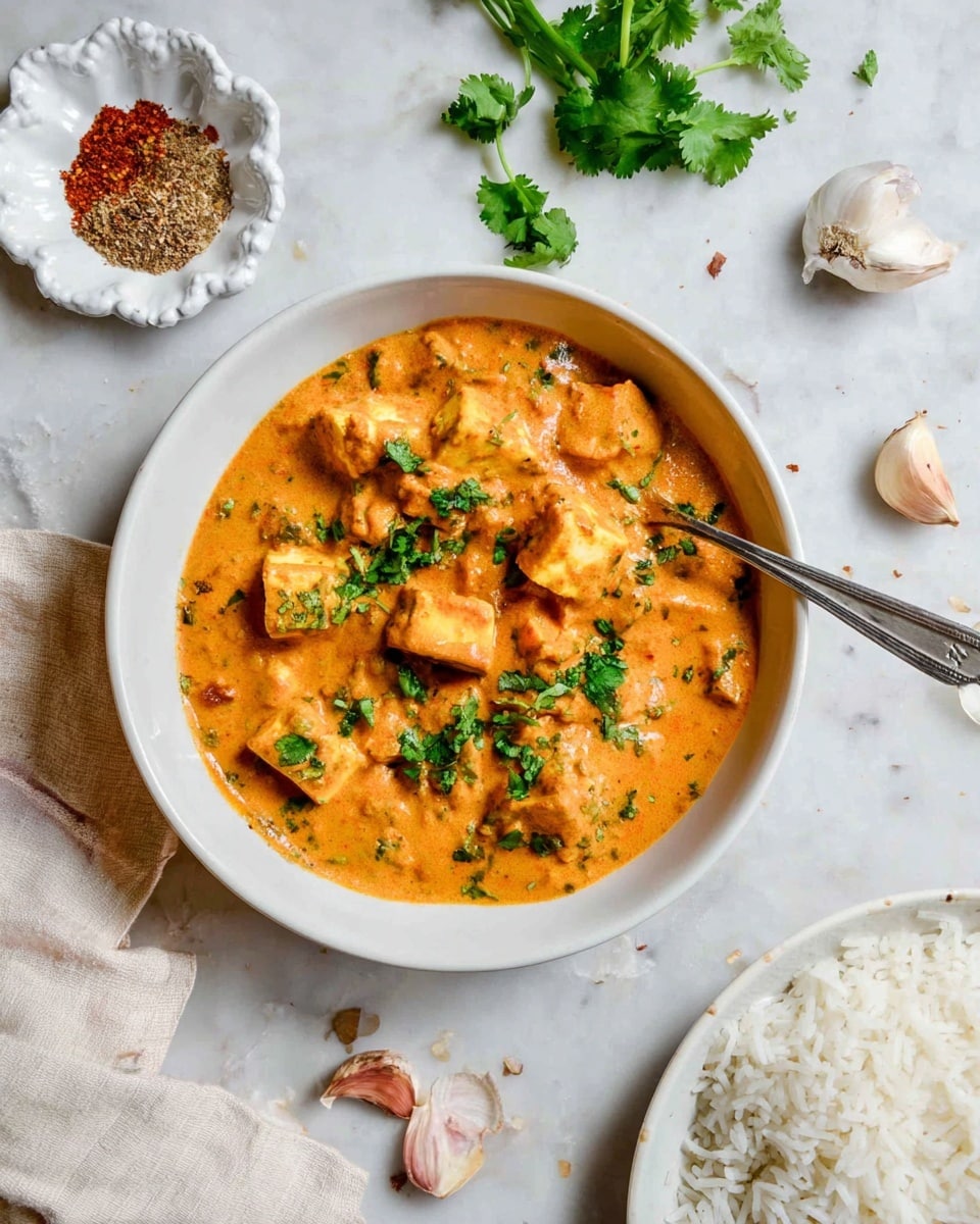 A white bowl filled with chunks of paneer soaked in a thick orange creamy sauce, topped with chopped green cilantro, with a silver spoon resting inside the bowl. Around the bowl, there are cloves and a whole bulb of garlic scattered on a white marbled surface. To the right, there is a white plate filled with plain white rice. At the bottom left, a small white scalloped dish holds mixed brown spices. There is also a light cloth napkin partly visible on the left side. photo taken with an iphone --ar 4:5 --v 7