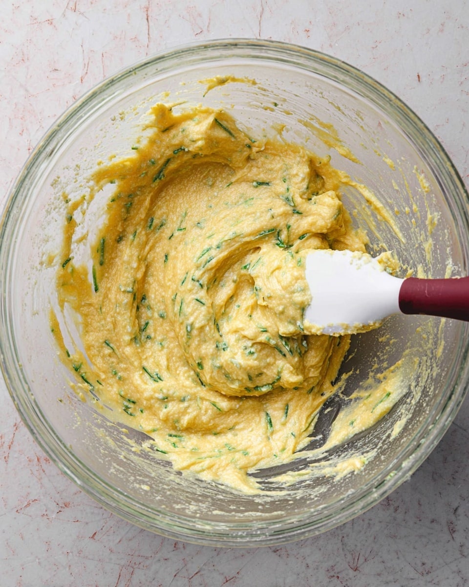 The image shows a clear glass mixing bowl placed on a white marbled surface filled with a thick yellowish batter that has green specks mixed throughout, suggesting herbs or vegetables. A white spatula with a red handle is partially inside the bowl, coated with the batter. The batter has a creamy and slightly textured consistency, evenly spread inside the bowl with some smears on the sides. The scene focuses closely on the bowl and the batter inside, capturing the details of the mixture and spatula. photo taken with an iphone --ar 4:5 --v 7