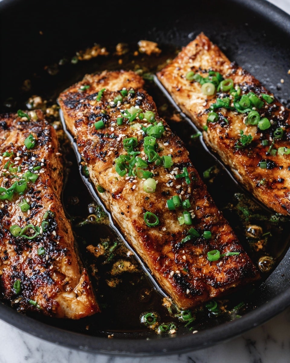The image shows three pieces of grilled fish fillets with a golden-brown, slightly charred crust, placed in a black pan. Each fillet has a textured surface with a mix of dark brown and lighter golden colors, and they are topped with small green chopped spring onions and sprinkled white and black sesame seeds. The pan contains some glistening oil and small bits of cooked garnish scattered around the fillets. The background is a white marbled texture. photo taken with an iphone --ar 4:5 --v 7