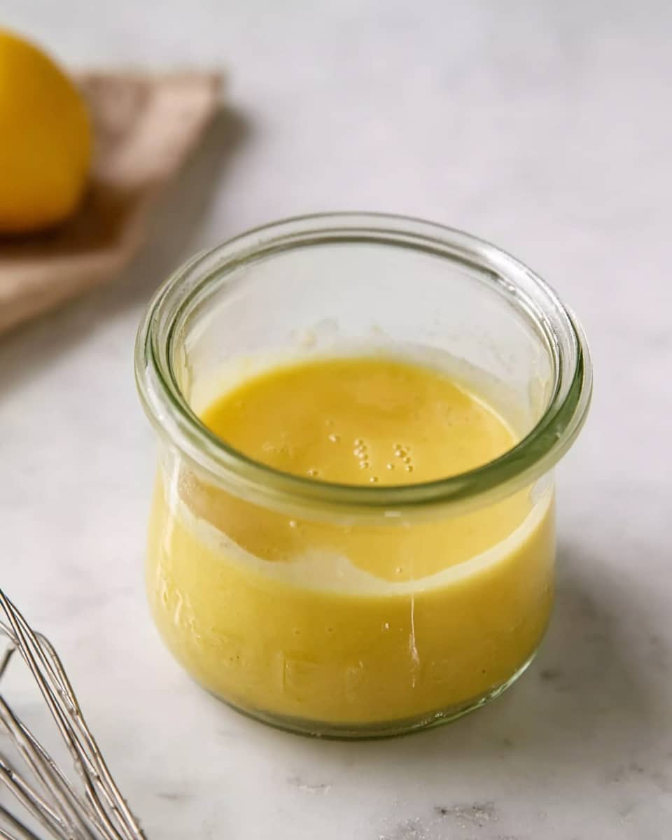 The image shows a small clear glass jar filled with a smooth, thick yellow sauce with some small bubbles on the surface. The jar sits on a white marbled surface with a lemon placed partially in the bottom left corner and a silver whisk on the bottom right, just touching the edge of the jar. The sauce looks creamy and glossy, filling about half of the jar. Photo taken with an iphone --ar 4:5 --v 7