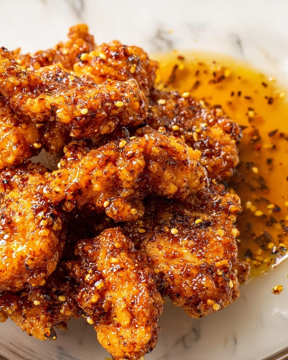 A close-up view of crispy, golden brown fried chicken pieces coated with a shiny, sticky sauce that has visible black pepper flakes and small bits of garlic or seeds, giving a textured, spicy look. The chicken pieces have rough, crunchy edges with the sauce pooling slightly underneath. The background shows a white marbled surface with a clear, round bowl holding the chicken, showing some small sauce droplets on its side photo taken with an iphone --ar 4:5 --v 7