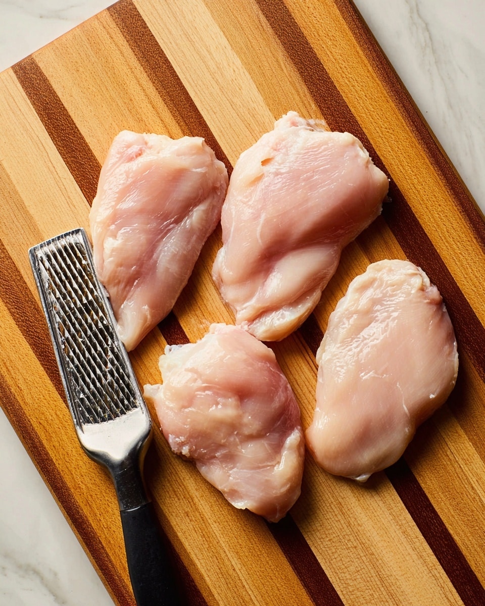 The image shows four pieces of raw chicken with a pale pink color and smooth, slightly shiny texture, laid out side by side on a striped wooden cutting board with light and medium brown shades. A metal tenderizer with a black handle lies to the left of the chicken pieces. The background is a white marbled surface. photo taken with an iphone --ar 4:5 --v 7