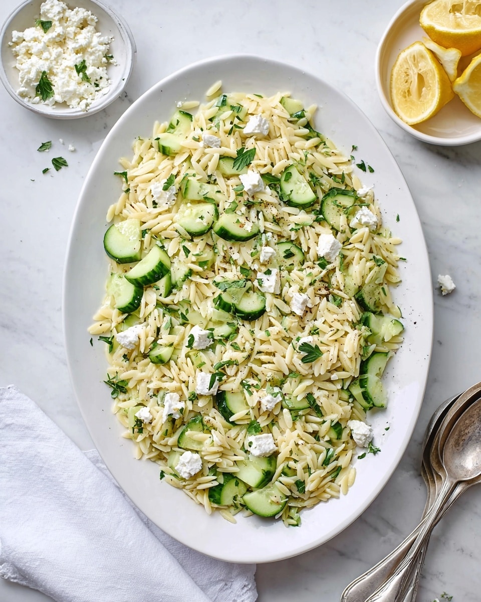 The dish is served in a white oval plate placed on a white marbled surface. It has three main layers: the bottom layer is a bed of small orzo pasta in a pale cream color with a smooth texture, evenly spread across the plate. The middle layer consists of chopped cucumber pieces scattered on top of the orzo, showing a fresh green color with a slightly shiny texture. The top layer is made up of small, uneven chunks of white feta cheese scattered over the cucumbers and orzo. The dish is garnished with finely chopped green herbs and small specks of black pepper, adding bits of green and black on the surface. To the side, there is a small bowl with crumbled white feta and a few lemon slices on a white marbled surface. A white cloth and two silver utensils are partially visible nearby. photo taken with an iphone --ar 4:5 --v 7