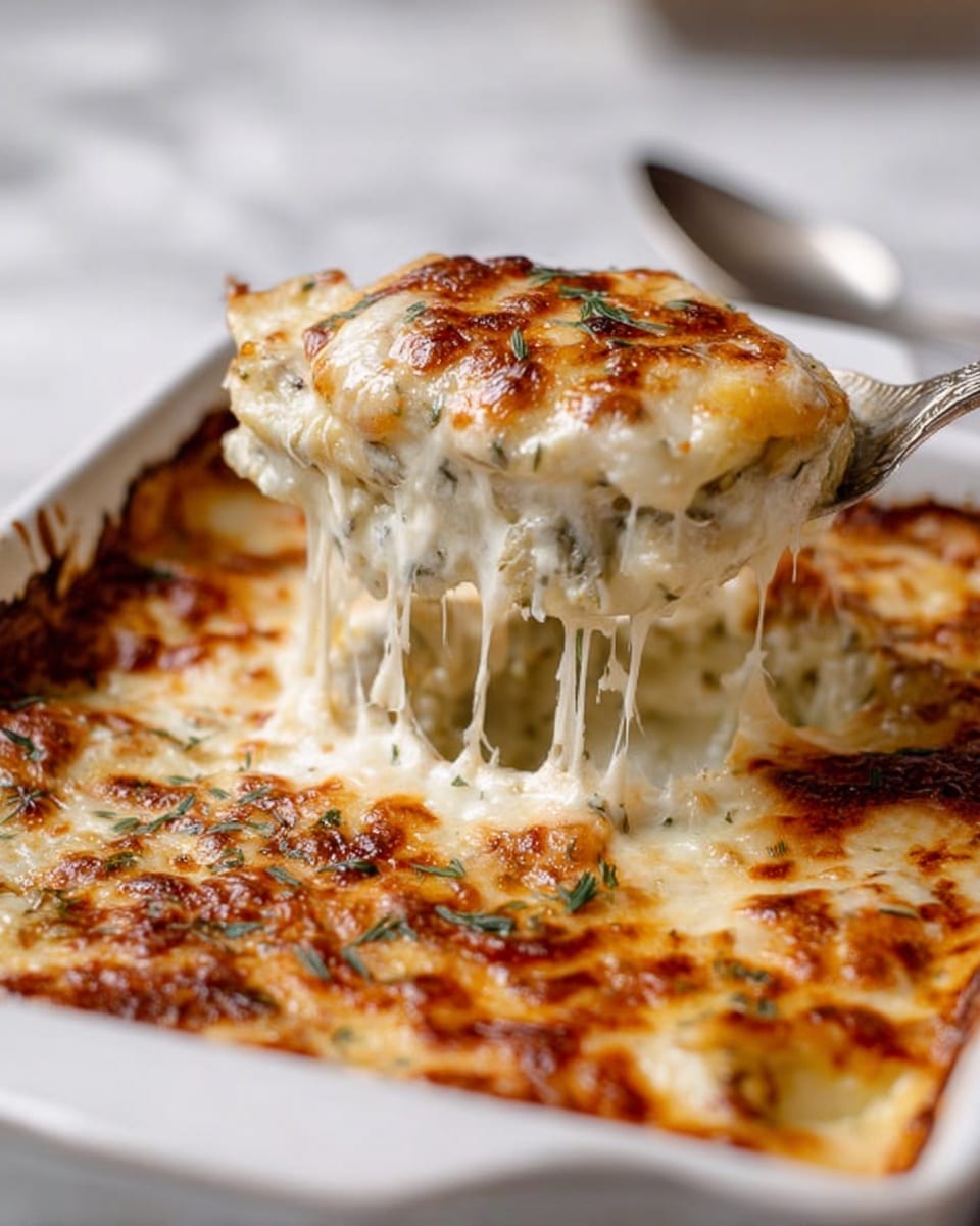 A white baking dish filled with a creamy baked casserole that has a golden brown, bubbly cheese layer on top. A spoon lifts a portion showing multiple layers: the browned cheese on top stretches strings of melted cheese, followed by a thick white sauce mixed with tender, pale vegetable pieces and herbs. The edges of the dish show slight caramelization from baking. The dish sits on a white marbled surface, and a blurred spoon handle is visible in the background. photo taken with an iphone --ar 4:5 --v 7