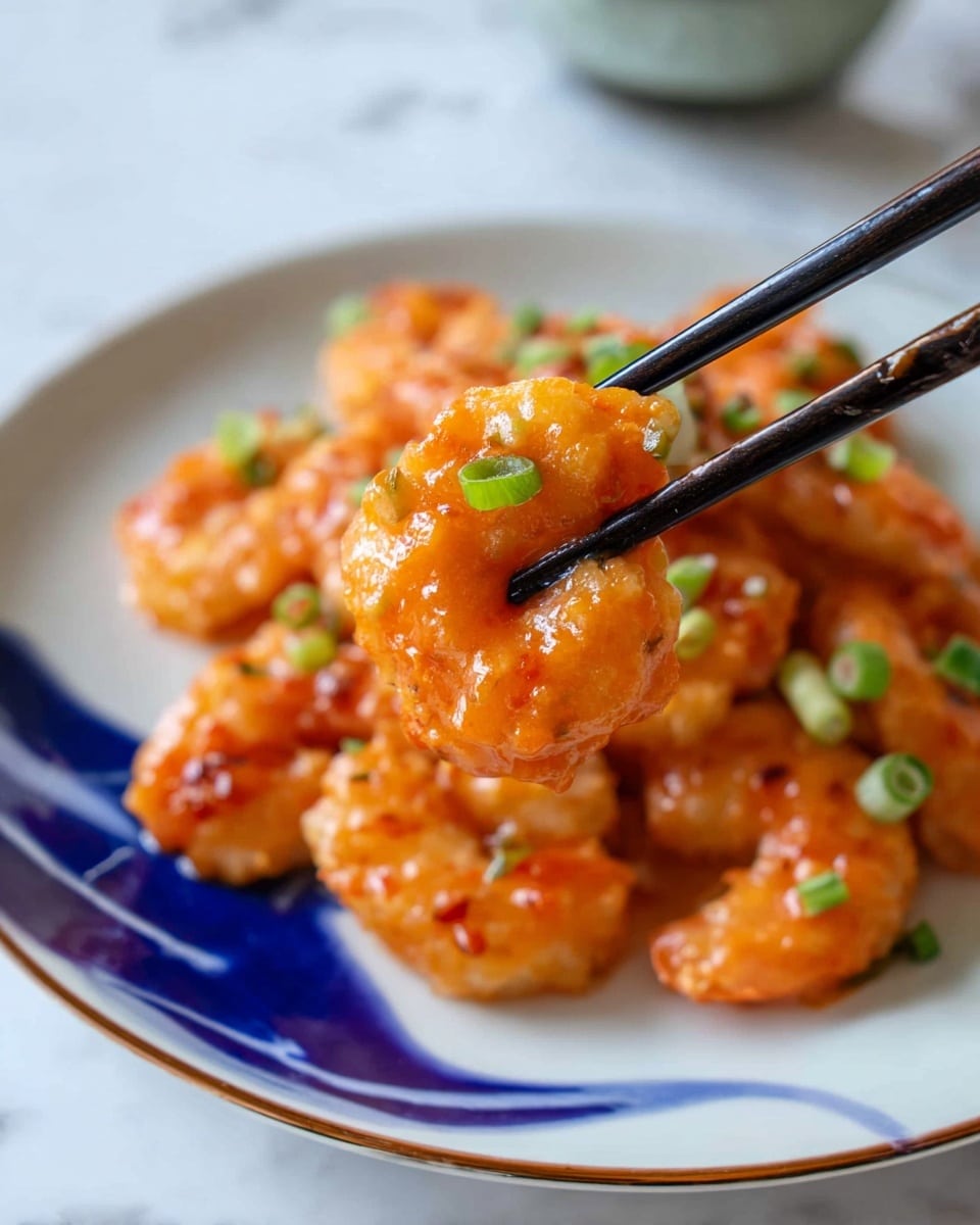 A close-up of a white plate with a blue curved design near the edge, holding several pieces of shrimp covered in a thick, shiny orange sauce. The shrimp are garnished with small chopped green onions scattered on top. In the foreground, a pair of black chopsticks held by a woman's hand lifts one shrimp piece, showing the texture of the sauce and the bright green onion on it. The background is a white marbled texture. Photo taken with an iphone --ar 4:5 --v 7