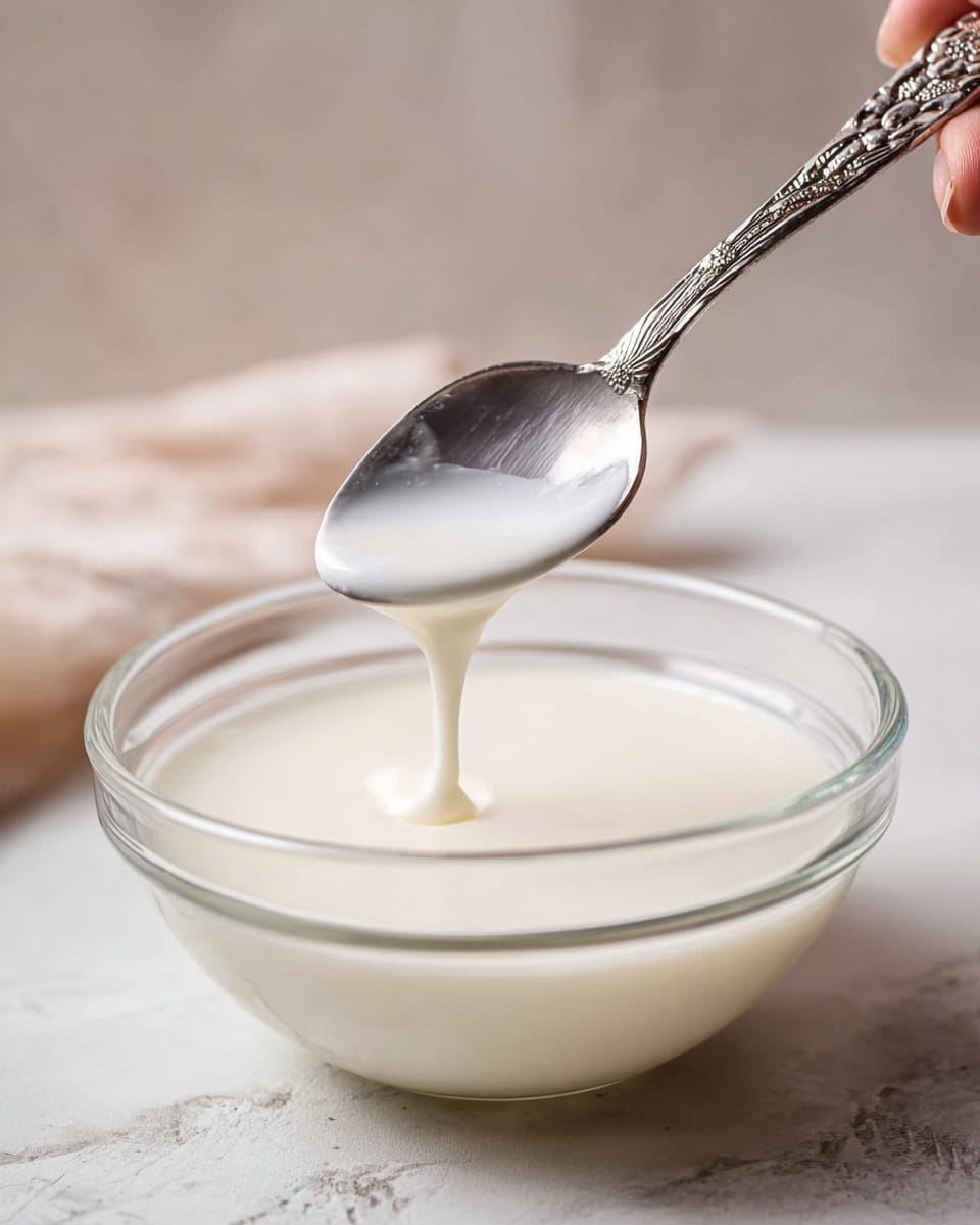A clear glass bowl filled with smooth, white liquid with a creamy texture is placed on a white marbled surface. A silver spoon with ornate handle is held above the bowl by a woman's hand, dripping a thick stream of the white liquid back into the bowl below, showing its slightly runny but creamy consistency. The background is softly blurred, highlighting the focus on the bowl and spoon. photo taken with an iphone --ar 4:5 --v 7
