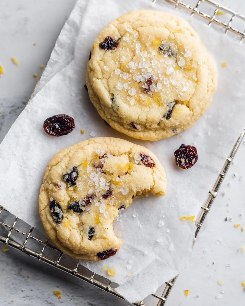 Two soft, round cookies with a light golden color rest on a white parchment paper placed on a metal cooling rack. Each cookie is dotted with small dark berry pieces and bits of bright yellow zest, giving texture and color contrast. The top cookie is whole, showing a slightly crinkled surface sprinkled with large sugar crystals that glisten. The bottom cookie has a bite taken out of it, revealing a tender inside with berry and zest bits visible. A few whole dried berries lie scattered around the cookies. The background shows a white marbled texture. Photo taken with an iphone --ar 4:5 --v 7