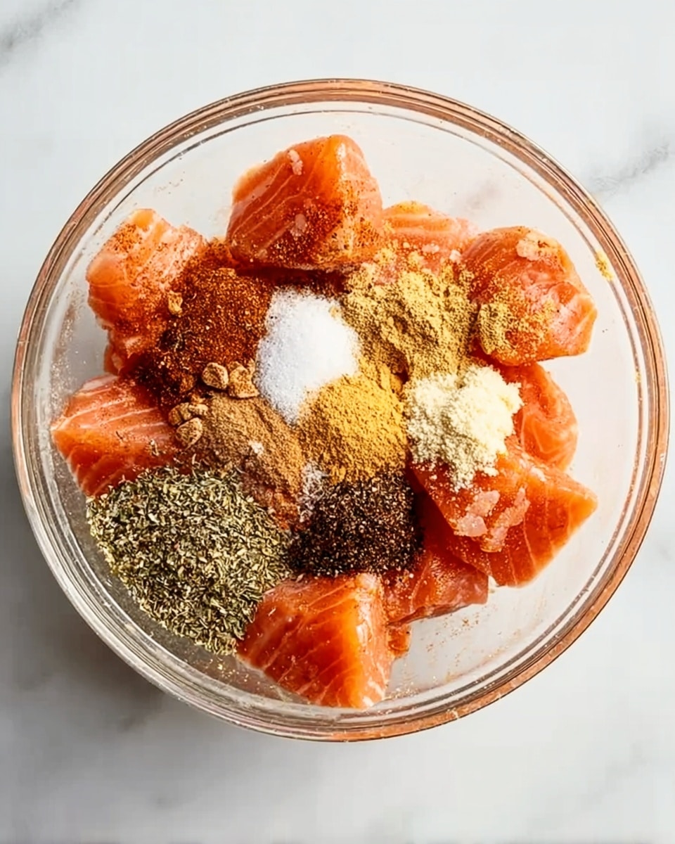 A clear glass bowl sits on a white marbled surface filled with thick, orange-pink salmon pieces that have a smooth, slightly shiny texture. On top of the salmon chunks are various spices and seasonings layered in small piles, including a dark brown powder, a light yellow powder, a white powder, and a speckled green herb mix, scattered unevenly. The light hits the mixture from above, highlighting the freshness of the fish and the dry texture of the spices. Photo taken with an iphone --ar 4:5 --v 7
