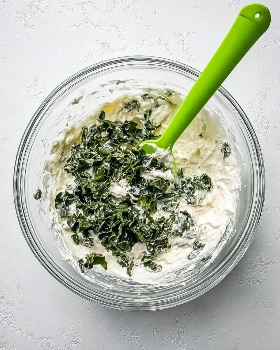A clear glass bowl sits on a white marbled surface, filled with a creamy white mixture that has a thick texture. On top of this base are dark green chopped leafy vegetables scattered unevenly. A bright green spoon with a smooth, shiny handle is partially dipped into the mixture from the right side of the bowl. The image shows the mixture ready to be mixed with the greens. Photo taken with an iphone --ar 4:5 --v 7