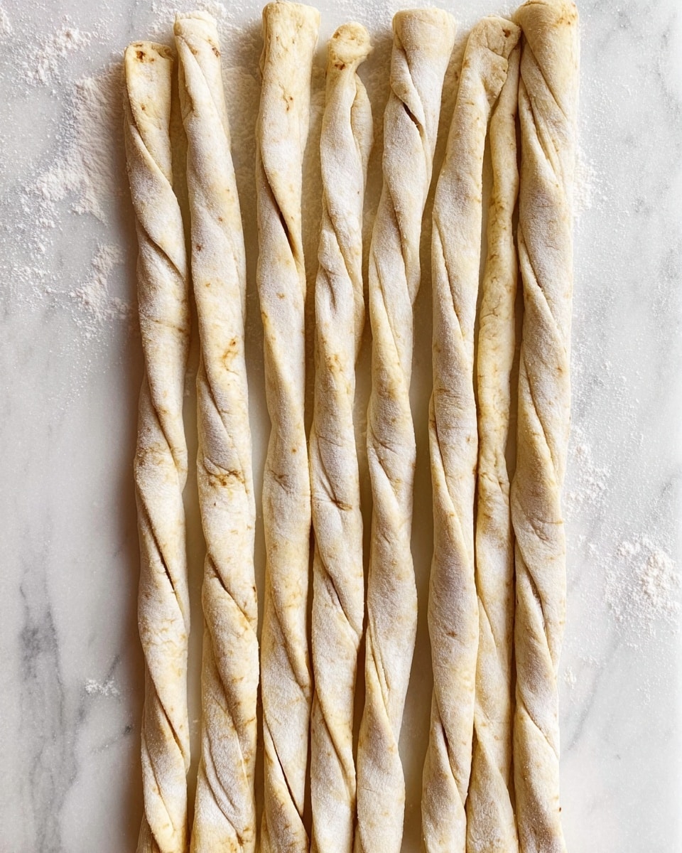 The image shows a white marbled board with ten strips of dough placed vertically and side by side. Each strip of dough is light beige with subtle, slightly darker swirled lines running through them, suggesting a filling or layering inside. The strips are irregular in shape and look soft and uncooked. The top strip is twisted gently, showing the swirl more clearly. The surface of the board has some flour dust scattered around the dough strips. The texture of the dough looks smooth but with slight wrinkles and uneven thickness along the strips. Photo taken with an iphone --ar 4:5 --v 7