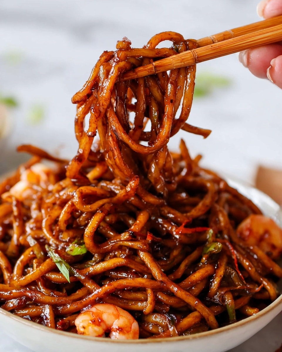A close-up of thick, dark brown noodles coated in a shiny, spicy sauce with small chili flakes visible, lifted in loops by a pair of wooden chopsticks held by a woman's hand from a white bowl. The noodles sit on a bed of more noodles mixed with small pieces of light pink shrimp, and bits of green herbs are scattered throughout. The bowl rests on a white marbled surface with a soft, out of focus background. photo taken with an iphone --ar 4:5 --v 7