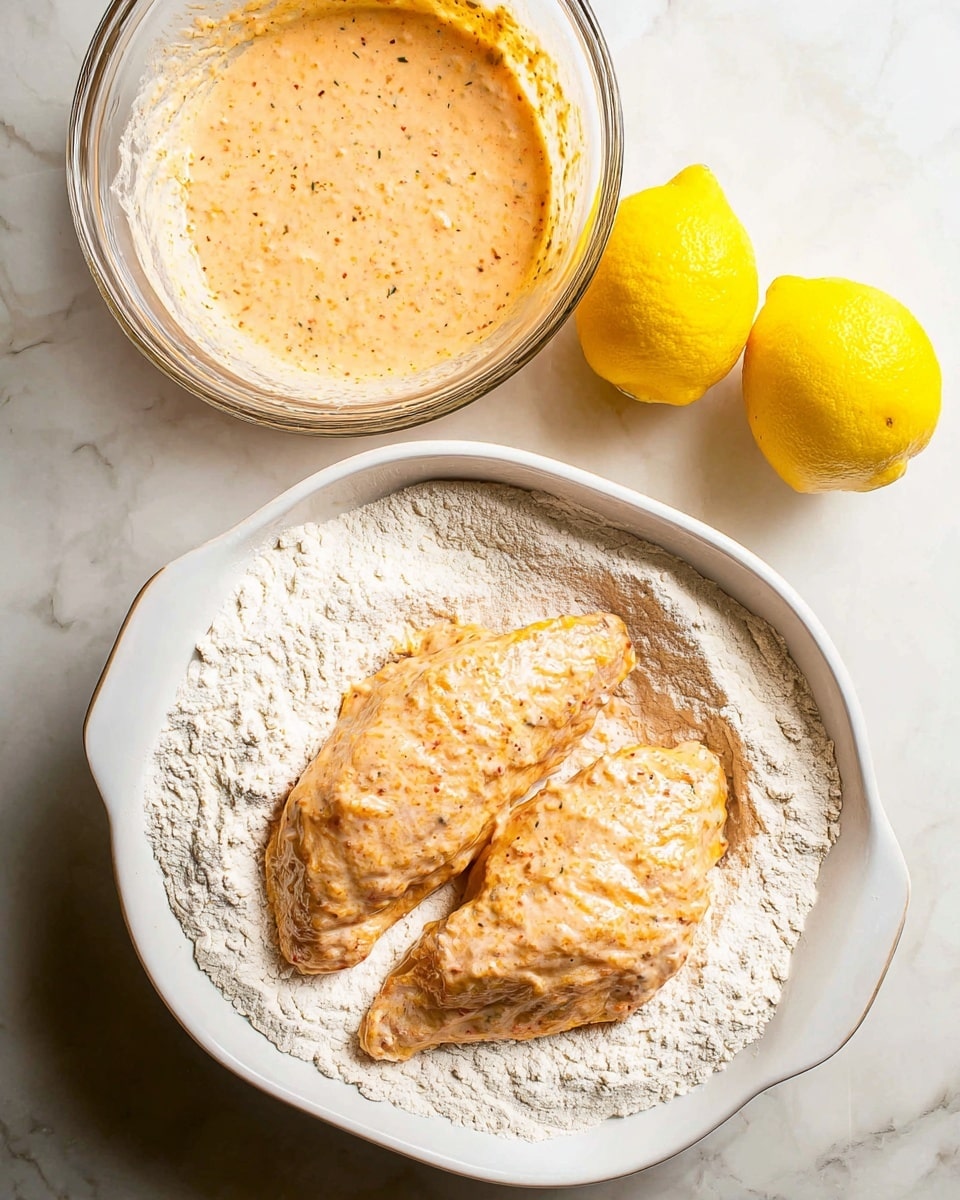 The image shows two large coated chicken pieces being dipped into a white dish filled with light flour. Above this dish, there is a glass bowl filled with creamy orange marinade with visible herbs and spices coating the chicken inside. Two whole bright yellow lemons are placed on the white marbled surface around the dishes. The scene is bright and clean, emphasizing the preparation of the chicken with layers of wet marinade and dry flour ready for cooking. Photo taken with an iphone --ar 4:5 --v 7