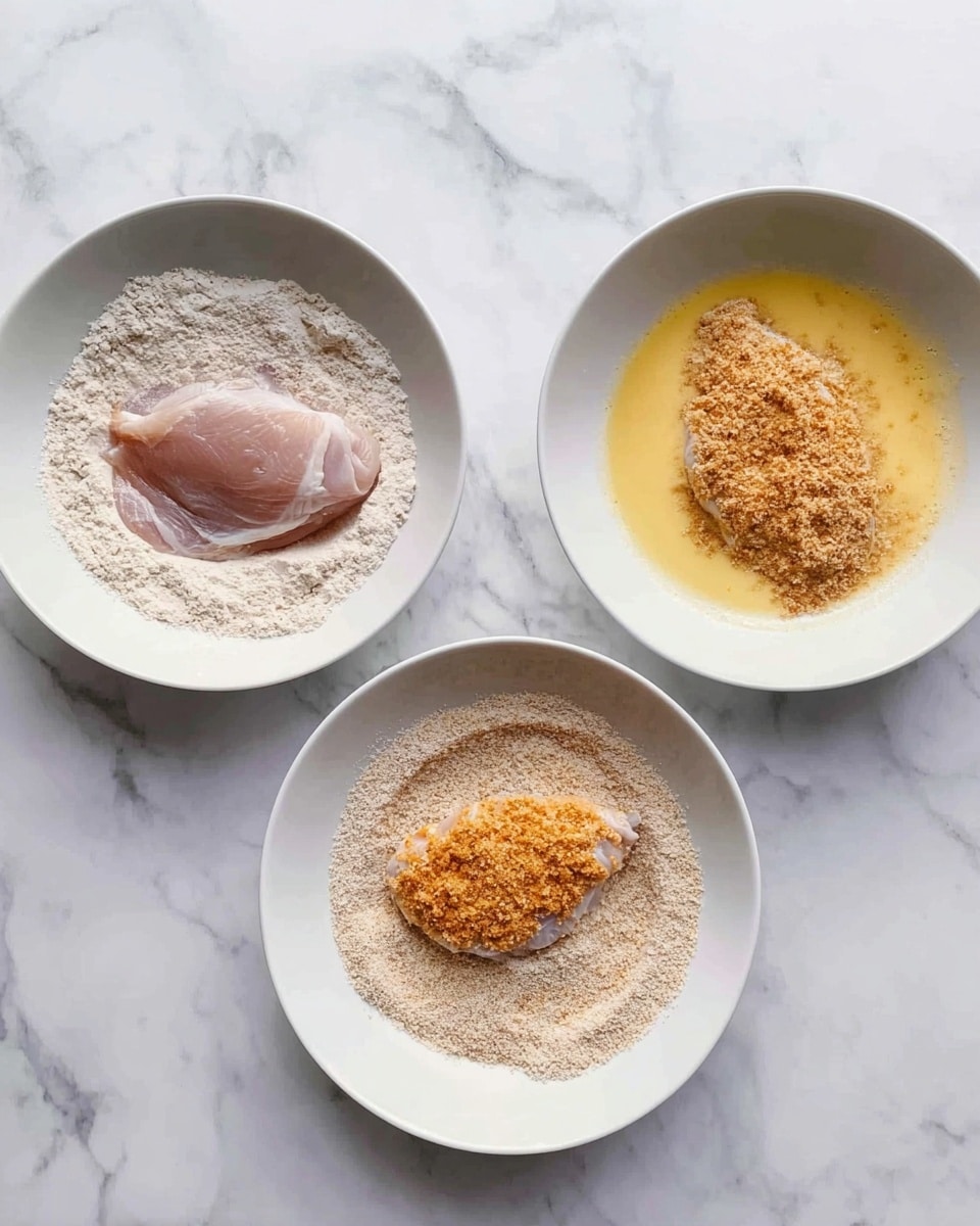 Three white bowls are placed on a white marbled surface. The first bowl on the left shows a raw chicken piece lying on light brown flour. The middle bowl contains a yellow, frothy beaten egg mixture with a chicken piece coated in flour placed inside. The right bowl holds light brown breadcrumbs, with an orange-tinted chicken piece coated in the crumbs placed on top. The bowls and ingredients create a clear step-by-step visual for coating the chicken. photo taken with an iphone --ar 4:5 --v 7