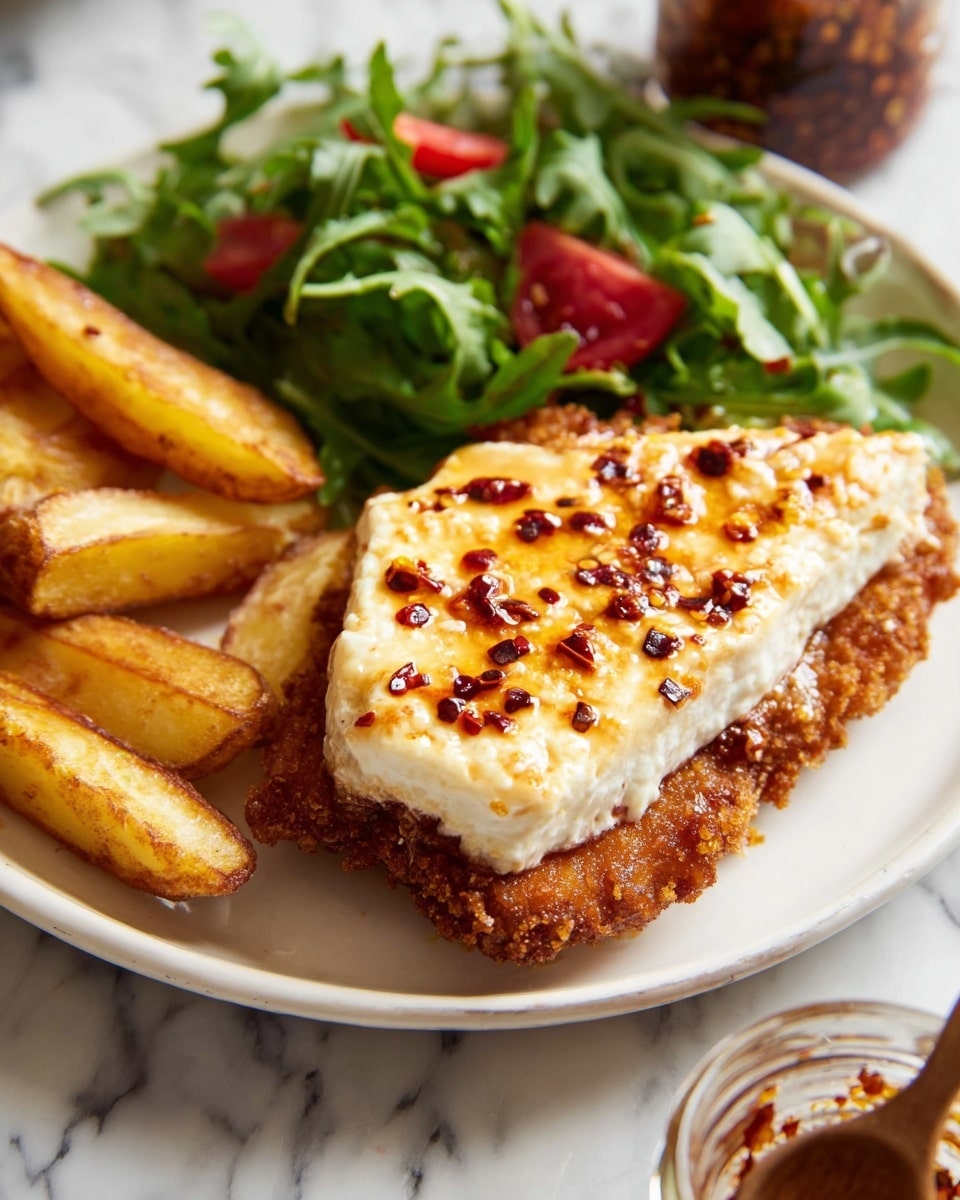 The dish is served on a white plate placed on a white marbled surface. It has three layers of food: first, there is a crispy, golden-brown fried piece that forms the base; on top of that is a thick, creamy white layer, likely cheese, with a slightly toasted top dotted with small red flakes; the final layer consists of a drizzle of shiny red chili oil sprinkled across the creamy layer. To the left side of the plate, there are golden brown potato wedges with a slightly rough texture. Behind the wedges and fried piece, there is a fresh side salad of bright green arugula leaves scattered with small red tomato wedges. A small jar with reddish sauce and a wooden spoon is slightly visible at the bottom right corner. Photo taken with an iphone --ar 4:5 --v 7