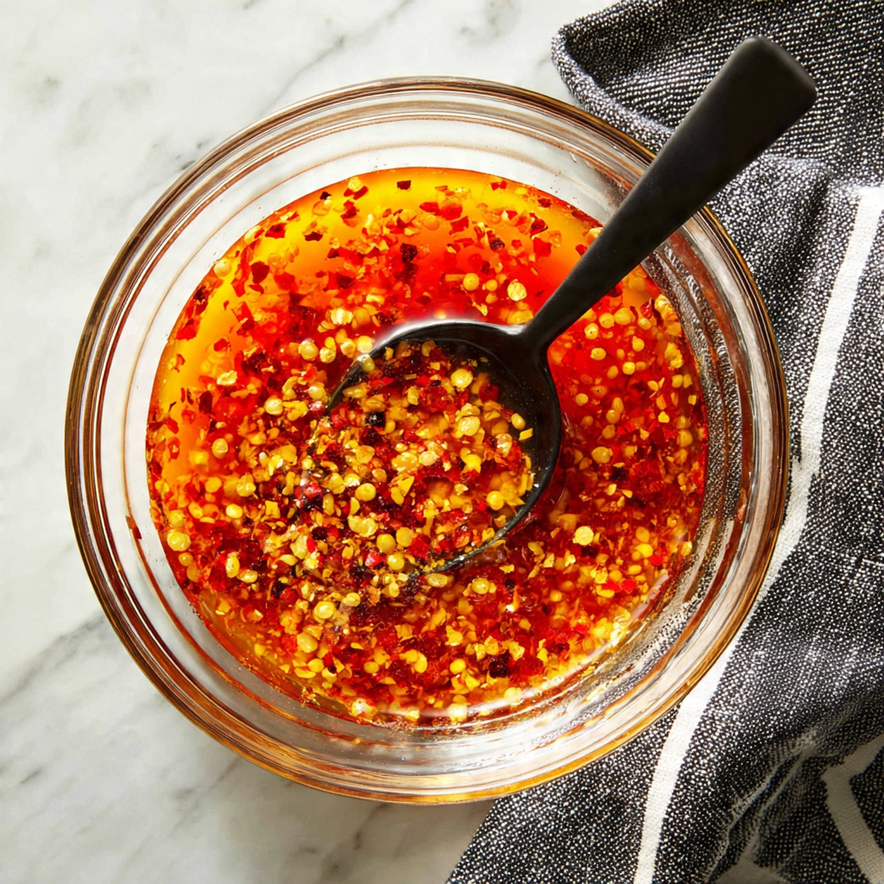 A clear glass bowl sits on a white marbled surface with a black and white striped cloth nearby. Inside the bowl is a vibrant red sauce mixed with small yellow and red chili flakes, giving it a textured look. A matte black spoon is resting in the bowl, partially submerged in the sauce, creating a contrast with the bright colors. photo taken with an iphone --ar 4:5 --v 7
