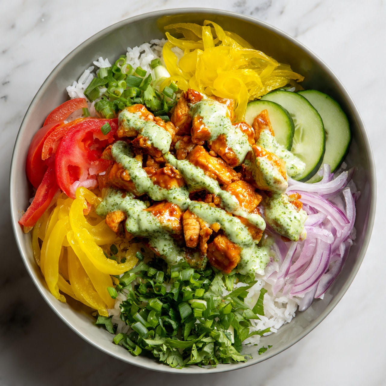 The dish is a bowl with several layers arranged in sections. At the base, there is white rice that covers the bottom. On top of the rice, in the center, are small chunks of orange-colored cooked chicken coated in a sauce, drizzled with a light green herb sauce. Surrounding the chicken, going clockwise, there are thinly sliced yellow pickled peppers, red tomato wedges, thin red onion slices, slices of green cucumber arranged in a fan shape, chopped green onions, and fresh green cilantro leaves. The bowl sits on a white marbled surface. Photo taken with an iphone --ar 4:5 --v 7