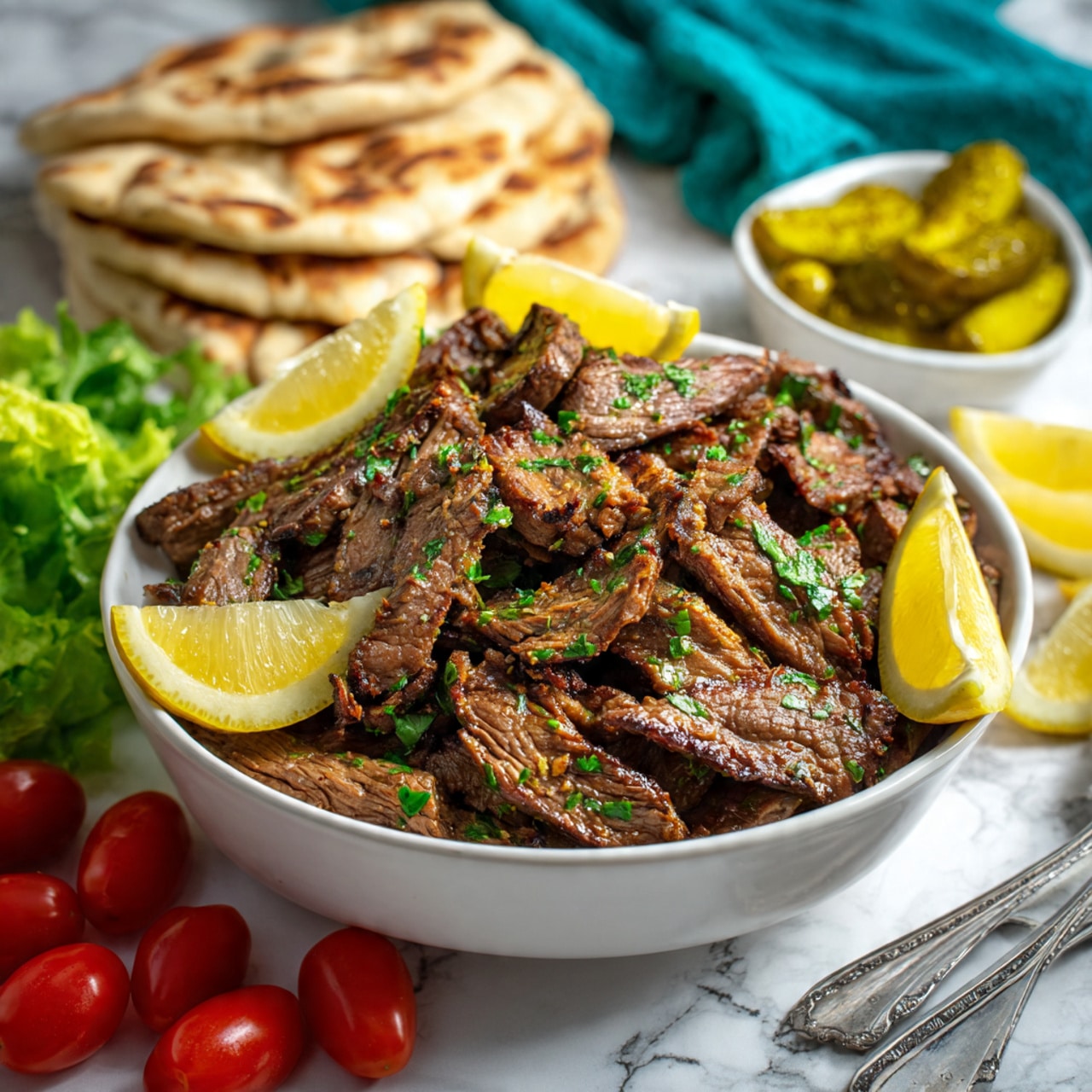 Two pita pockets are placed on a white plate with lemon wedges on the side. Each pita is filled with layers starting from fresh green lettuce at the bottom, followed by cooked brown meat slices with a slightly crispy texture, topped with bright red cherry tomato halves, thin slices of purple pickled onions, and yellowish-green pickle slices placed near the top edge. White creamy sauce with green herbs is drizzled over the fillings, adding a fresh look. The plate sits on a white marbled surface with a folded dark green cloth in the background. photo taken with an iphone --ar 4:5 --v 7