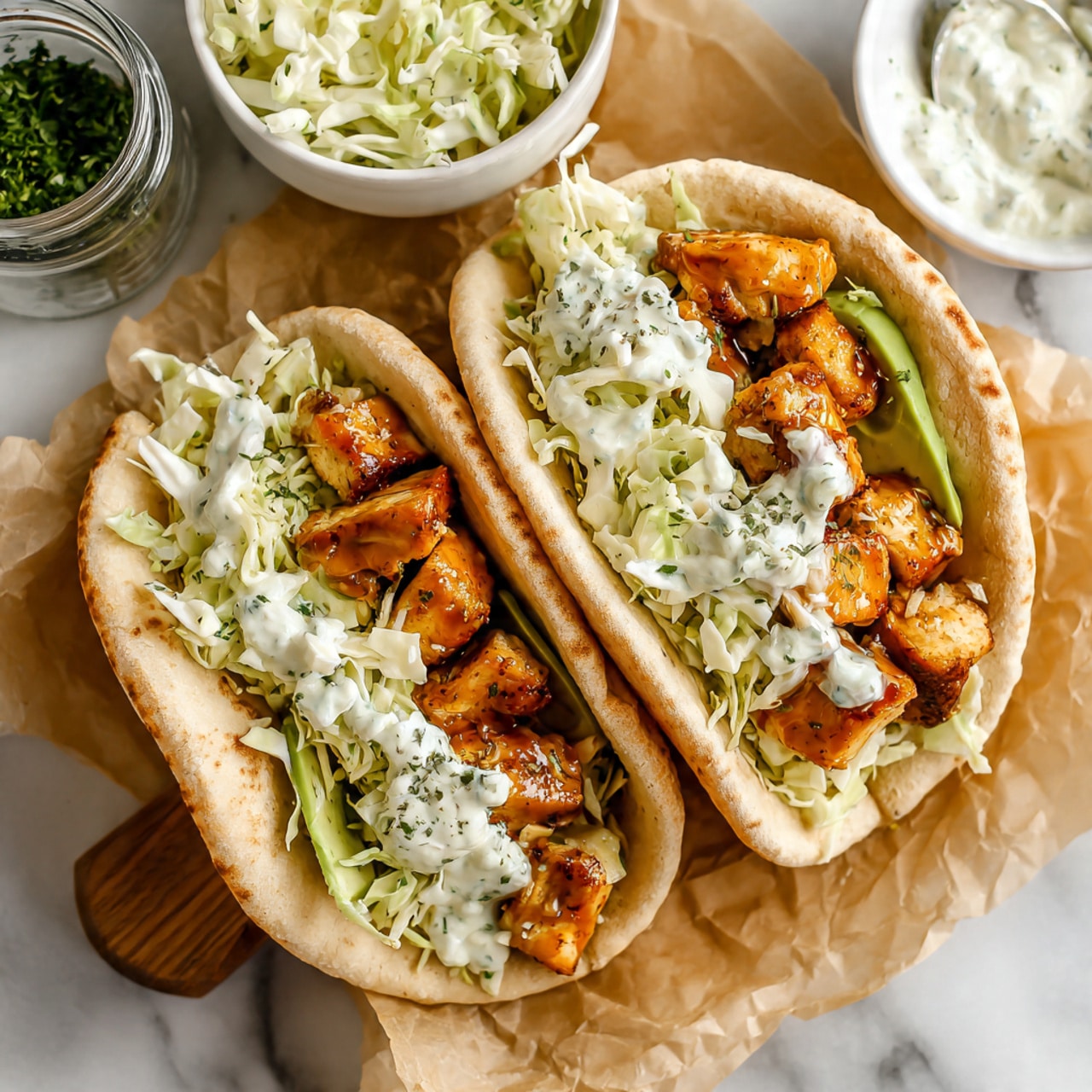 The image shows soft white tortillas folded and filled with three main layers; at the bottom, there is a layer of shredded green cabbage mixed with a creamy white dressing, creating a fresh and crunchy texture. On top of this, there are several pieces of golden-brown grilled chicken with a slightly charred look and sprinkled with small green herb leaves. The tortillas hold the filling tightly, giving a cozy and inviting appearance. The dish is presented against a white marbled background. Photo taken with an iphone --ar 4:5 --v 7