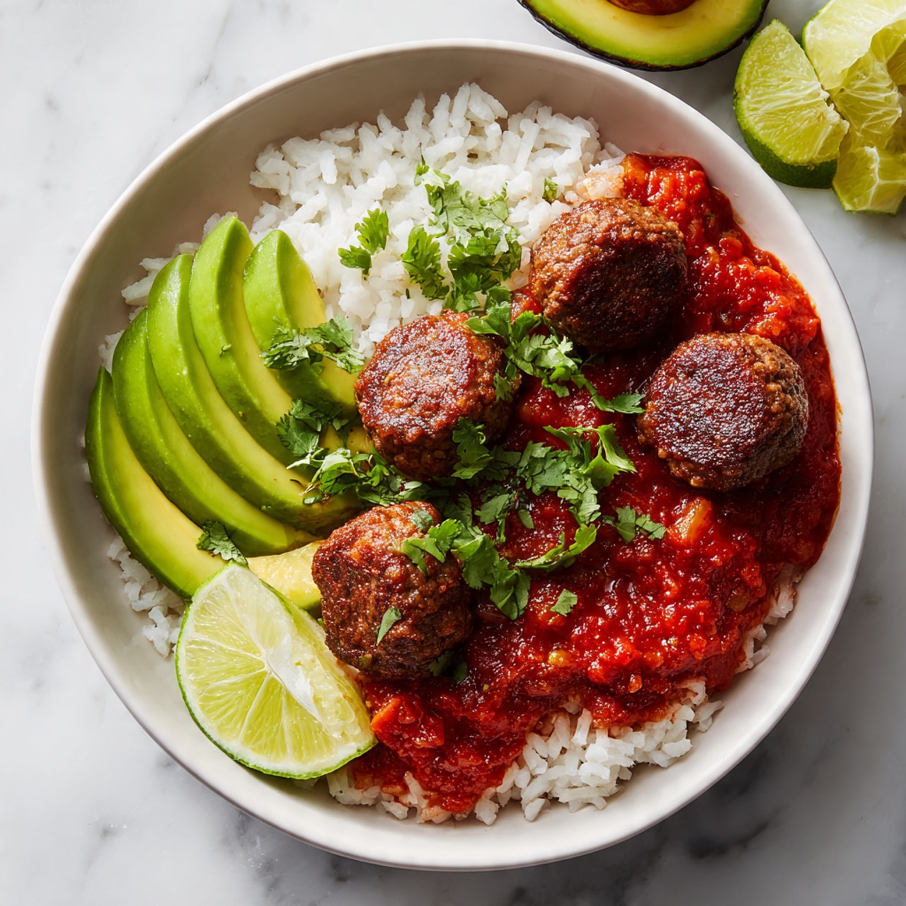A white bowl filled with a base layer of white rice, topped with a chunky red tomato sauce. On top of the sauce, there are three round brown meatballs with a slightly textured surface. To one side of the bowl, there are three slices of bright green avocado arranged in a fan shape. A wedge of lime with a light green interior rests on the edge of the bowl. Small pieces of fresh green cilantro are sprinkled over the meatballs and sauce. The background shows a white marbled surface with a half avocado and lime wedges nearby. photo taken with an iphone --ar 4:5 --v 7