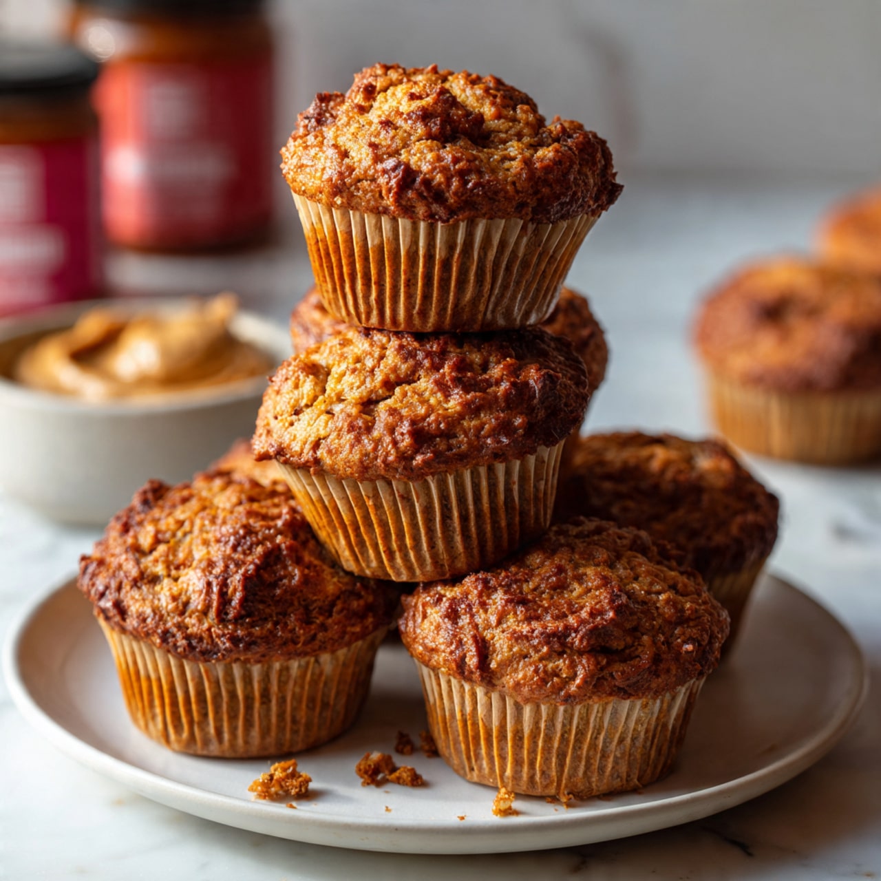 The image shows a single brown muffin with a rough, cracked top texture, sitting upright in a light brown ridged paper cup. The muffin appears soft and fluffy, with some small crumbs around it on a white marbled surface. In the background, there is another muffin partly visible and a white cup with a brown liquid inside and a spoon, slightly out of focus. The overall scene is bright and clean with a simple, fresh look. photo taken with an iphone --ar 4:5 --v 7