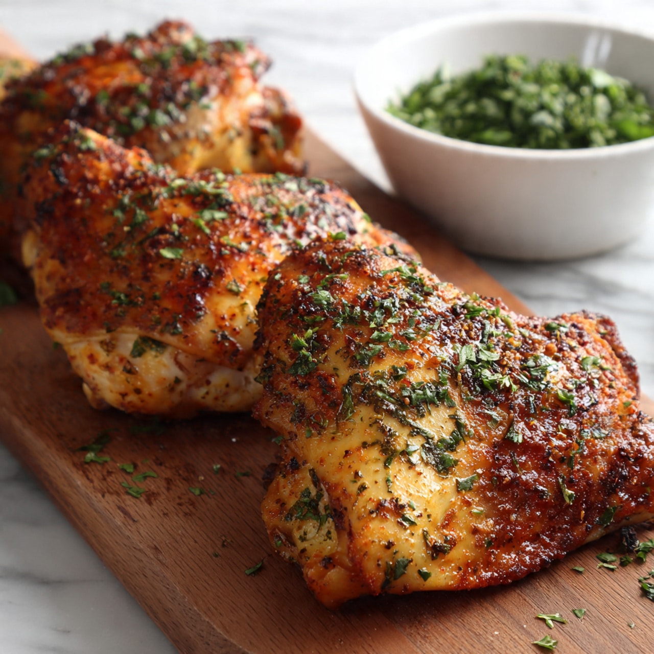 The image shows three cooked chicken pieces on a wooden cutting board, with a slightly golden brown color and a crispy surface covered in herbs and spices scattered all over. The chicken looks juicy and seasoned, with small green parsley pieces baked on top. Behind the cutting board, there is a white bowl filled with fresh green chopped herbs. The background is a white marbled surface, and the photo is clear and bright, taken close up to show the texture of the chicken skin and spices. photo taken with an iphone --ar 4:5 --v 7