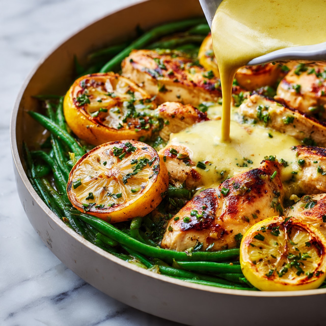 A white plate with a black rim holds a dish with three layers. The bottom layer is made of long, slender green beans that have a slight shine and some brown spots. On top of the green beans is a grilled lemon half, showing a charred surface with a mix of yellow and brown colors. The top layer is a large, golden-brown cooked chicken piece that has a slightly crispy texture with small green herb pieces sprinkled over it. A fork with a silver handle is resting on the plate, angled diagonally with its tines touching the green beans. The plate sits on a surface made of white marble with faint grey lines. Photo taken with an iphone --ar 4:5 --v 7