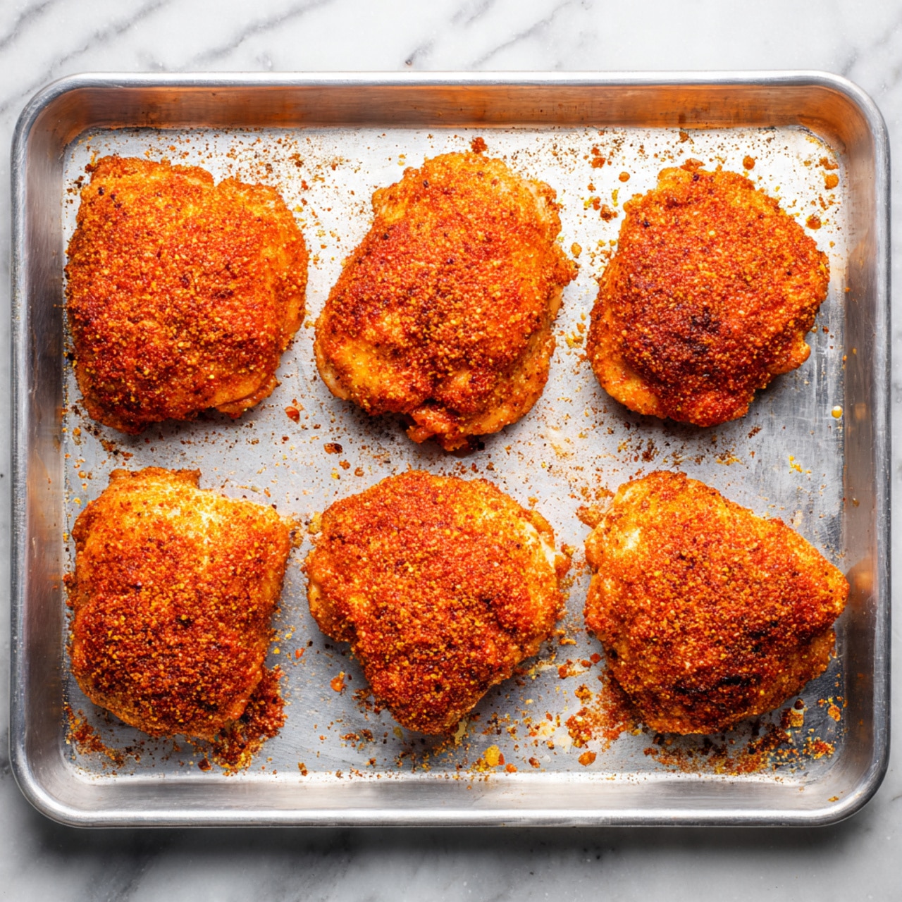 The image shows six pieces of breaded and seasoned chicken thighs placed on a silver metal baking tray. Each piece is coated evenly with a reddish-orange dry spice mix, giving them a textured and slightly crispy look. The tray has small crumbs and spices scattered around the chicken, indicating that they have been freshly prepared for cooking. The background surface beneath the tray is a white marbled texture. The photo is taken from above, showing the full tray and all the chicken pieces clearly photo taken with an iphone --ar 4:5 --v 7