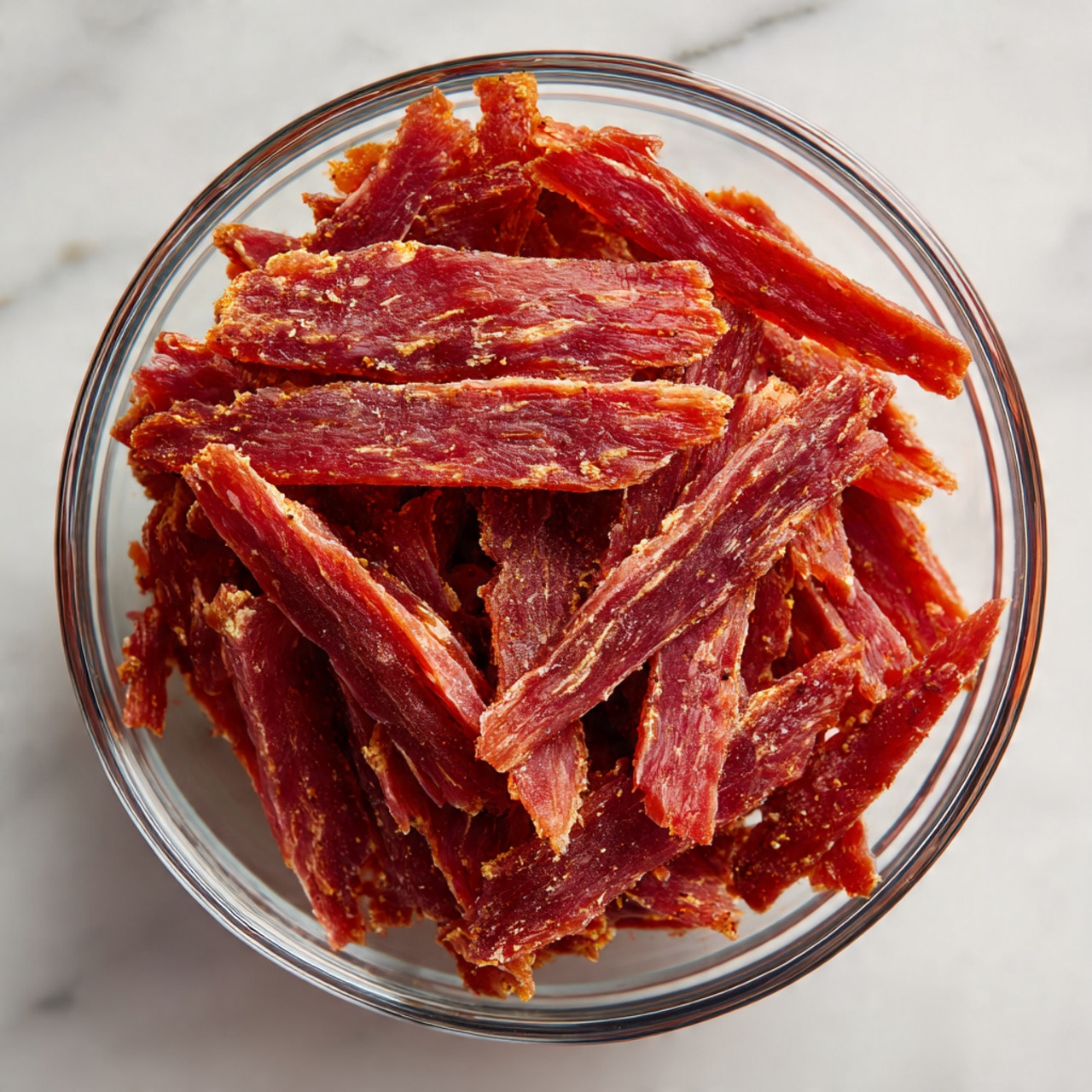 A clear glass bowl filled with many thin strips of red meat that look soft and fresh, mixed with small bits of seasoning that give the meat a slightly textured surface. The strips are stacked unevenly inside the bowl, showing different shades of red and brown from the spices. The bowl sits on a white marbled surface, and the meat looks moist with a rich, natural color. photo taken with an iphone --ar 4:5 --v 7