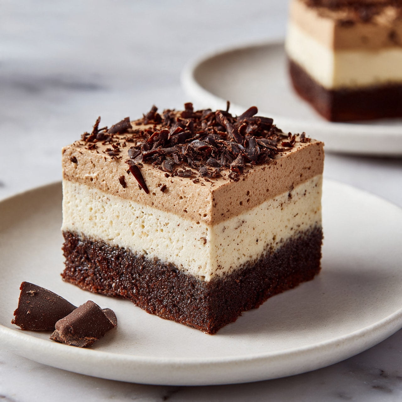 A rectangular chocolate dessert is shown in a white ceramic baking dish with handles, placed on a white marbled surface. The dessert has two visible layers: the bottom layer is a rich dark chocolate cake with a soft texture, and the top layer is a thick, smooth chocolate frosting spread evenly but with slight swirls and peaks along the edges. The frosting is topped generously with small, curly chocolate shavings scattered all over, creating a textured look. photo taken with an iphone --ar 4:5 --v 7