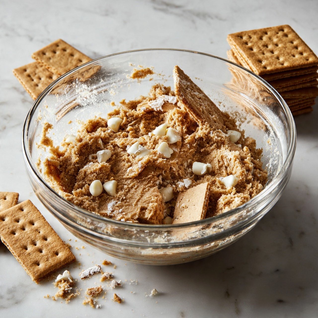 A clear glass mixing bowl placed on a white marbled surface contains a layer of light brown cookie dough with a crumbly texture. On top of the dough, there are small white chocolate chips scattered across, along with broken pieces of brown graham crackers layered unevenly on one side. In the background, a small stack of whole graham crackers is placed on the white marbled surface next to the bowl. Photo taken with an iphone --ar 4:5 --v 7