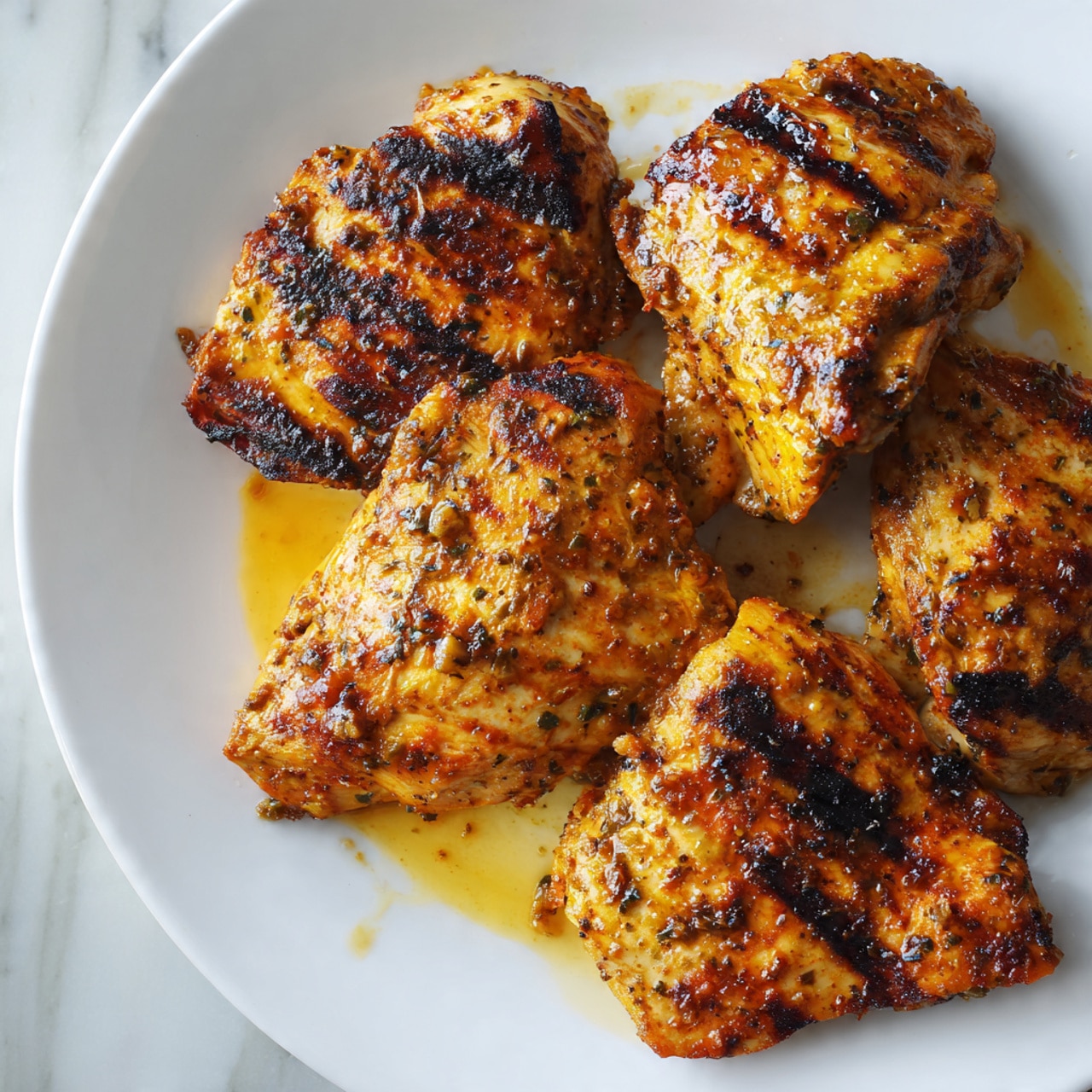 A white plate holds five grilled pieces of seasoned chicken, each with a golden-brown crust and slight char marks. The pieces vary in size and shape, showing a textured surface from the grilling. The plate sits on a white marbled surface, with a small pool of juices adding a slight shine around the chicken. photo taken with an iphone --ar 4:5 --v 7
