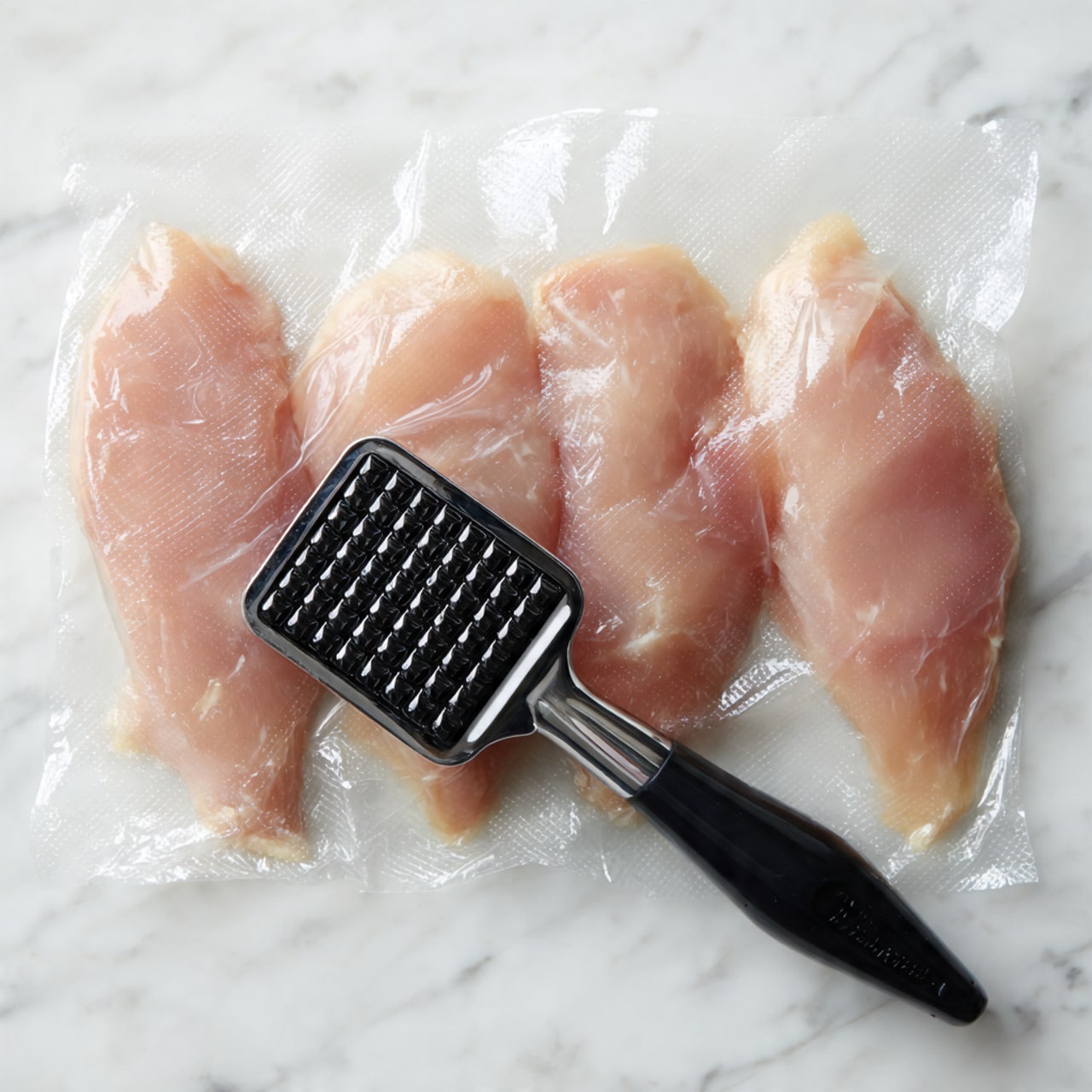 A white flat surface holds four thin, raw pieces of light pink chicken placed side by side. Each piece of chicken is covered with a clear plastic wrap that glistens under the light. Sitting on the bottom left chicken piece is a black meat tenderizer with a textured, square face pressing down gently, showing its raised bumps. The whole setup is clean and simple, with the focus on the chicken and the tenderizer. The background is a white marbled texture. photo taken with an iphone --ar 4:5 --v 7