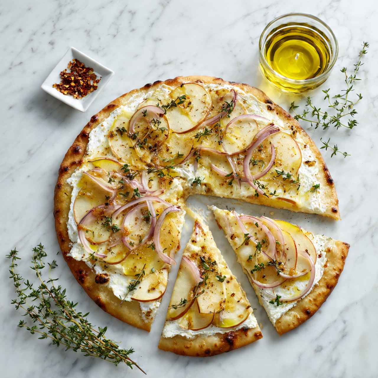 A round flatbread pizza with eight slices arranged in a circle on a white marbled surface. The base is a golden brown crust, slightly thick and crispy on the edges. The first layer on the crust is a spread of white creamy cheese, unevenly spread but covering most of the surface. On top of the cheese are thin slices of pale yellow apple arranged loosely, with small rings of light caramelized onions scattered across. Sprigs of green thyme leaves are sprinkled over the pizza, adding small green flecks. In the upper corner, there is a clear glass container filled with golden olive oil and another small square dish holding red chili flakes. Some fresh green thyme sprigs lie nearby on the surface. photo taken with an iphone --ar 4:5 --v 7
