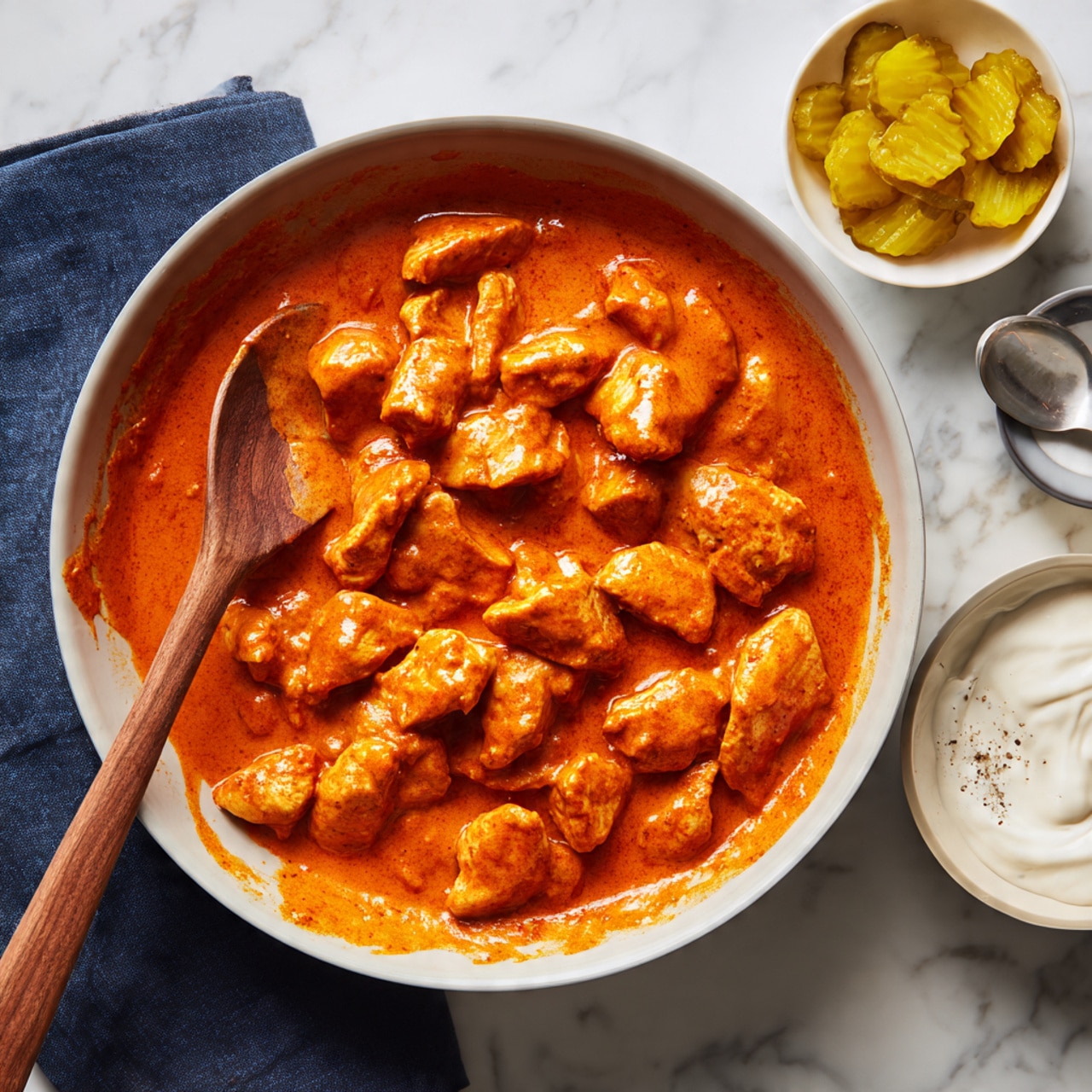 A large white pan filled with many pieces of cooked chicken coated in a thick, smooth orange sauce, with some sauce spread unevenly on the sides of the pan. A wooden spoon inside the pan is partially covered in the same orange sauce, resting to the left among the chicken pieces. Near the top right corner of the image are two white bowls, one holding yellow sliced pickled peppers and the other a creamy white sauce with a spoon inside. The pan and bowls are placed on a white marbled surface with a dark blue cloth partially visible beneath the pan. photo taken with an iphone --ar 4:5 --v 7