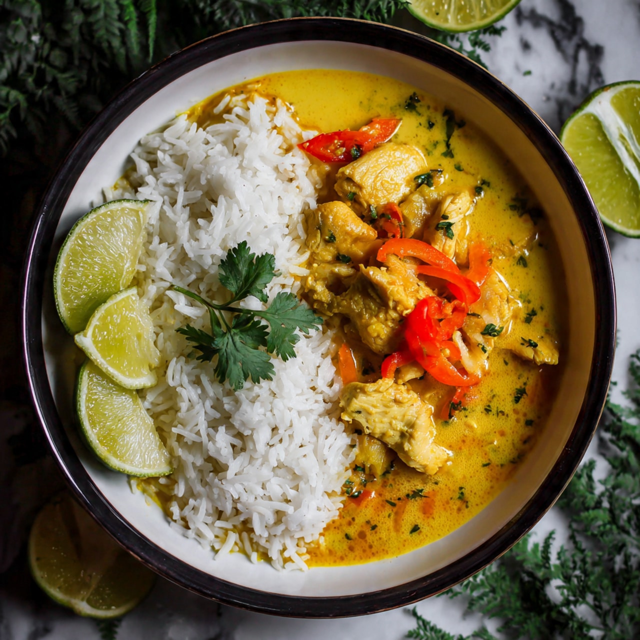 A round white bowl with a dark rim holds steamed white rice as the base layer, fluffy and slightly separated. On top, there is a thick yellow curry with chunks of chicken and pineapple, mixed with small pieces of red bell pepper and green herbs, giving it a colorful and rich texture. Two lime wedges rest on the rice on one side, and a sprig of cilantro adds a fresh green touch next to the curry. The bowl is placed on a white marbled surface, with more lime wedges partially visible below it. Photo taken with an iphone --ar 4:5 --v 7