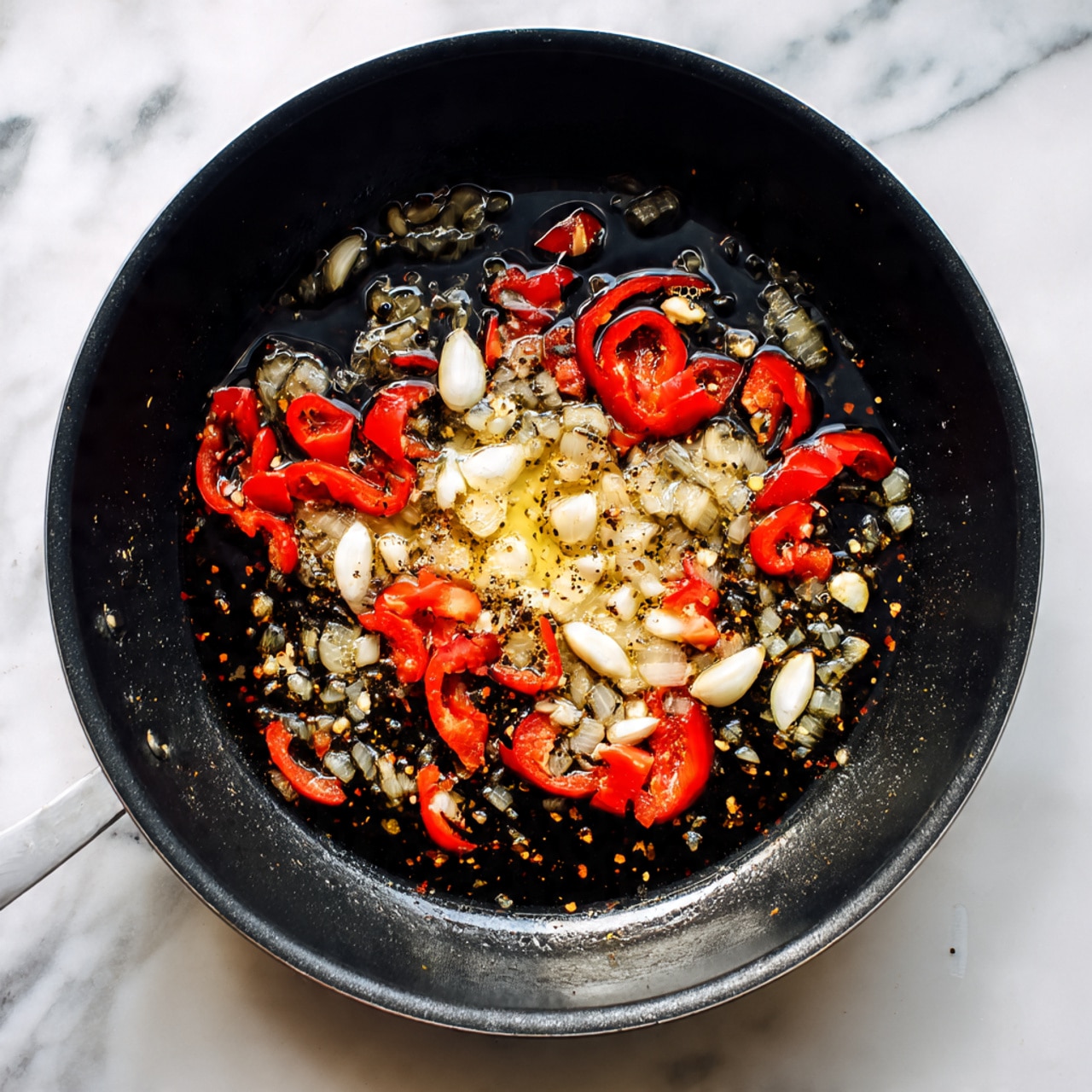 A black pan filled with three layers of cooked ingredients: the bottom layer is a shiny dark surface with some oil, the middle layer is light brown cooked onions scattered unevenly, and the top layer consists of bright red pepper slices mixed with small white pieces of garlic and a light beige paste in one spot near the center. The scene is set on a white marbled surface photo taken with an iphone --ar 4:5 --v 7