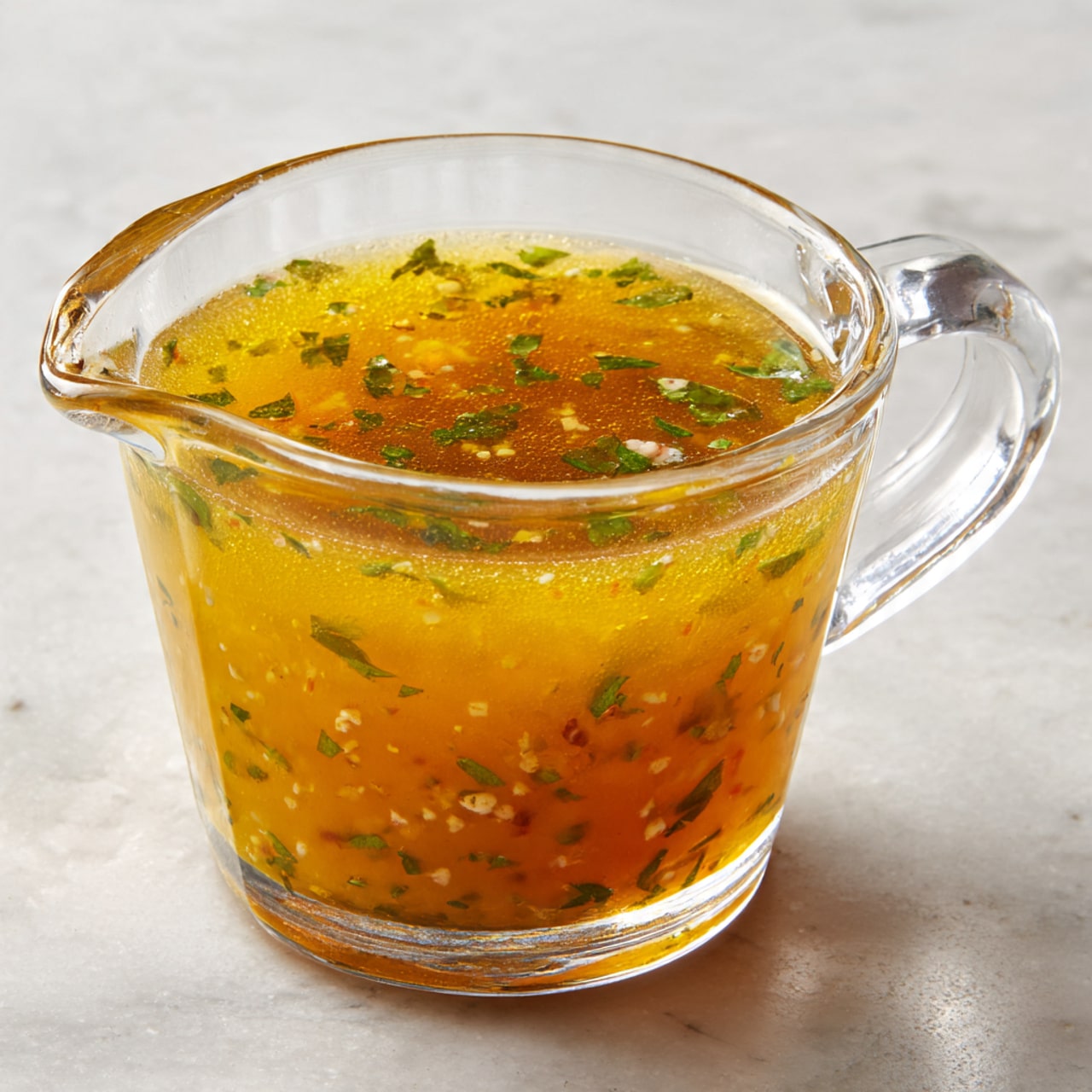 A clear glass measuring cup sits on a white marbled surface, filled with a yellowish liquid sauce that has small green herb pieces mixed throughout. The sauce appears slightly thick with a few bubbles visible on the surface. The measuring cup's handle is on the right side, and light softly reflects off the glass, highlighting its transparency and the texture of the sauce inside. photo taken with an iphone --ar 4:5 --v 7