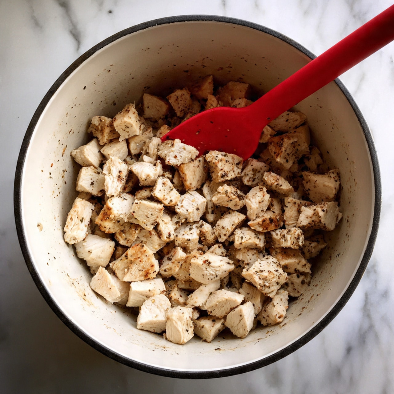 Inside a large white pot with a black rim, there are many small, cooked pieces of light beige chicken, slightly browned and seasoned with black pepper. A bright red silicone spoon is scooping a few pieces, positioned in the middle of the pot. The pot rests on a white marbled surface. photo taken with an iphone --ar 4:5 --v 7